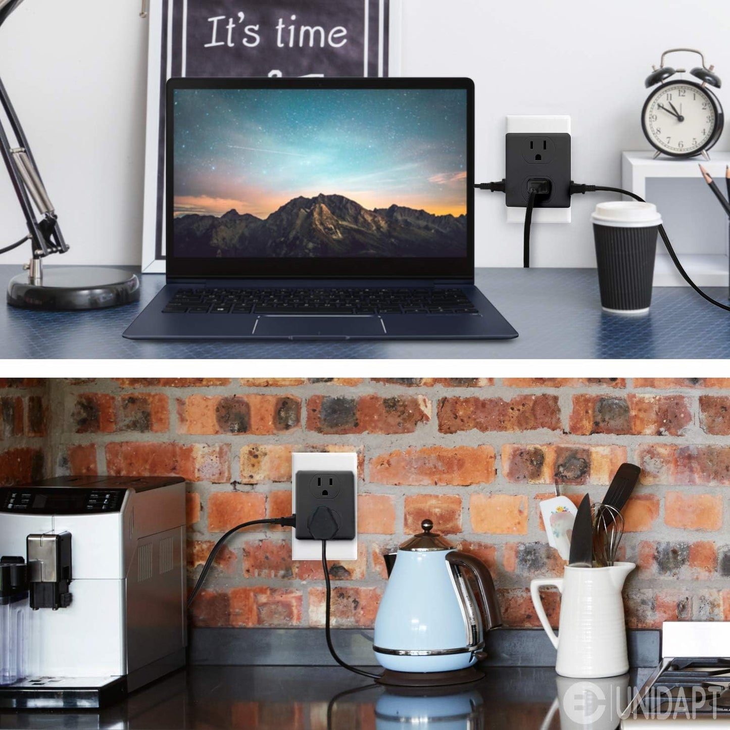 Multi Plug Outlet Splitter, Unidapt Multiple Outlets Extender Adapter with 6 AC Sockets, Side Splitter Box, Wall Power Plug Expander for Home Hotel Office Dorm Essentials, 2-Pack (Black)