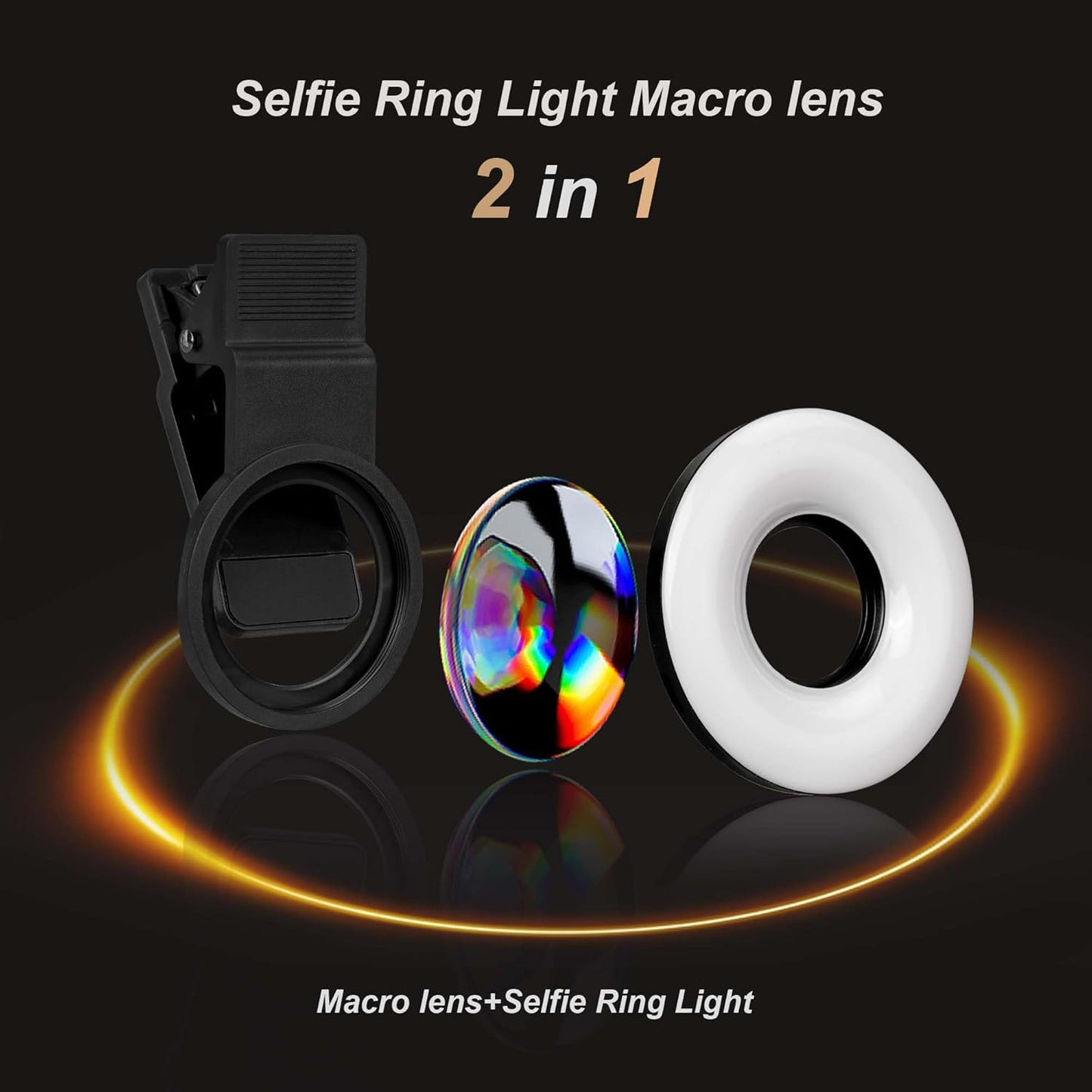 37mm Macro Lens for iPhone and Android with Mini Clip Ring Light, Portable Rechargeable Dimming, for Smart Phone Photography, Camera Video Recording, Black