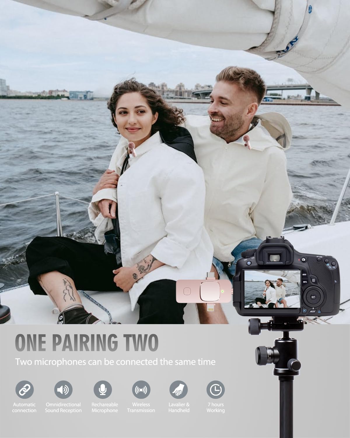 PQRQP 3 in 1 Wireless Lavalier Microphone for iPhone, iPad, Android, Camera, Mini Microphone, 7-Hour Battery, High Definition Sound Quality for Interview, Video Podcast, Vlog (Pink)