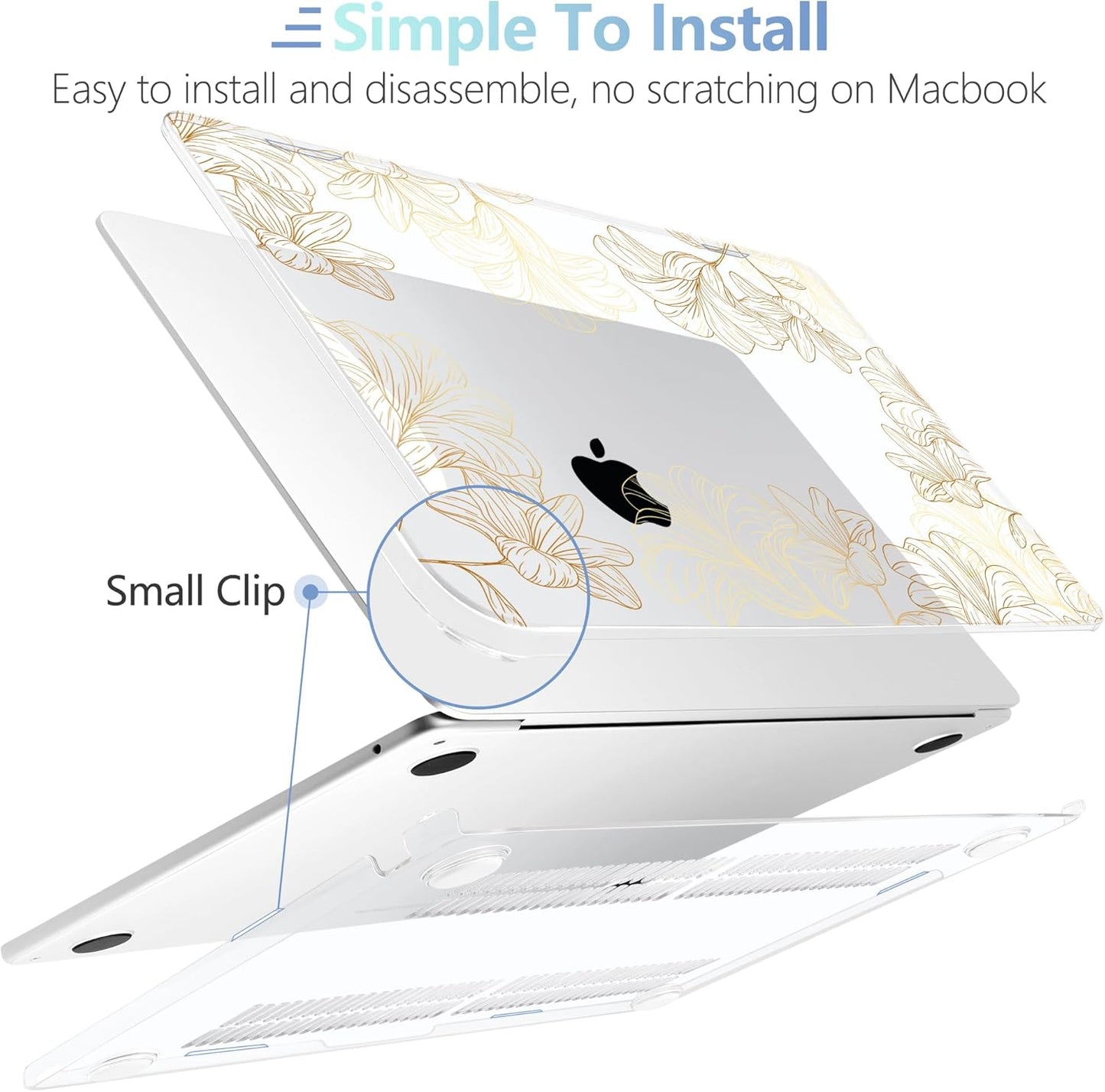 MEEgoodo Case for MacBook Air M4/M3/M2 13.6 inch 2025 2024 2022, Fit Model A3240 A3113 A2681, Compatible with MacBook Air 13 inch, Laptop Hard Shell Case with Keyboard Cover, Drawn Golden Floral