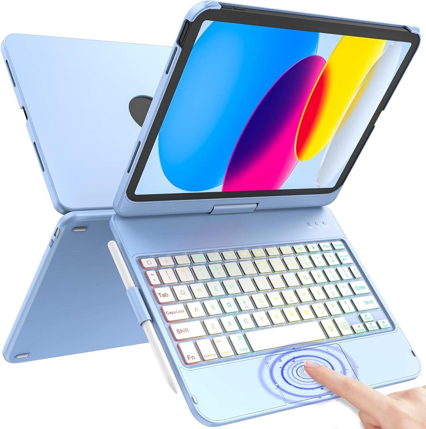 for iPad A16 11th Generation/10th Generation Case with Keyboard,Touch Keyboard for iPad 11" /10th Gen 10.9 inch 2022-10 Color Backlight, 360° Rotatable Protective Cover (Ocean Blue)
