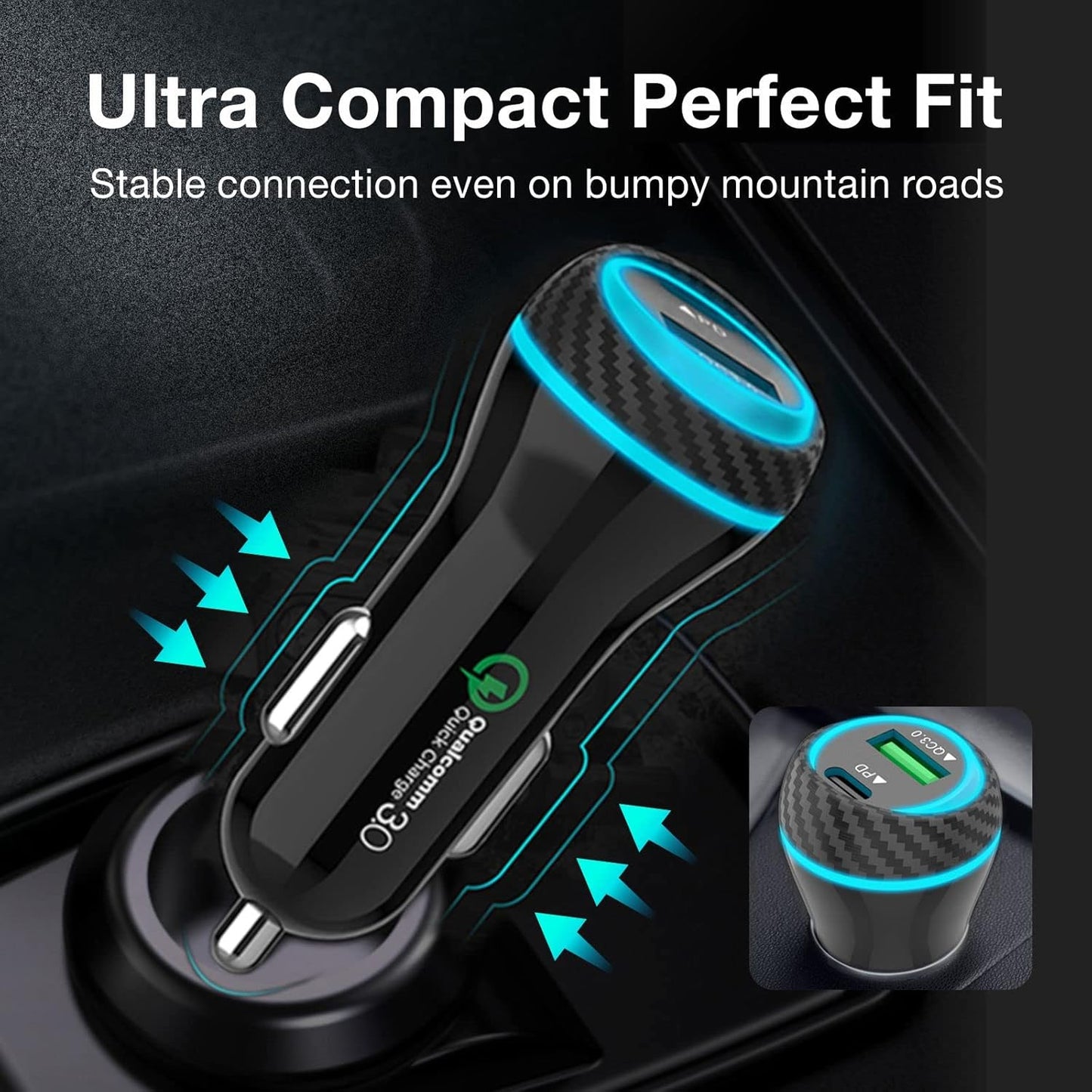 MOCA 51W QC 3.0 Fast Charging W/ 2pcs 3.3ft A-P/C-P Cable Car Charger for iPhone 16/15/14 Pro Max/Plus/16e, iPad, Samsung Galaxy S25/S24/S23 Ultra, Pixel, Android, PD/QC Car Phone Adapter Accessories