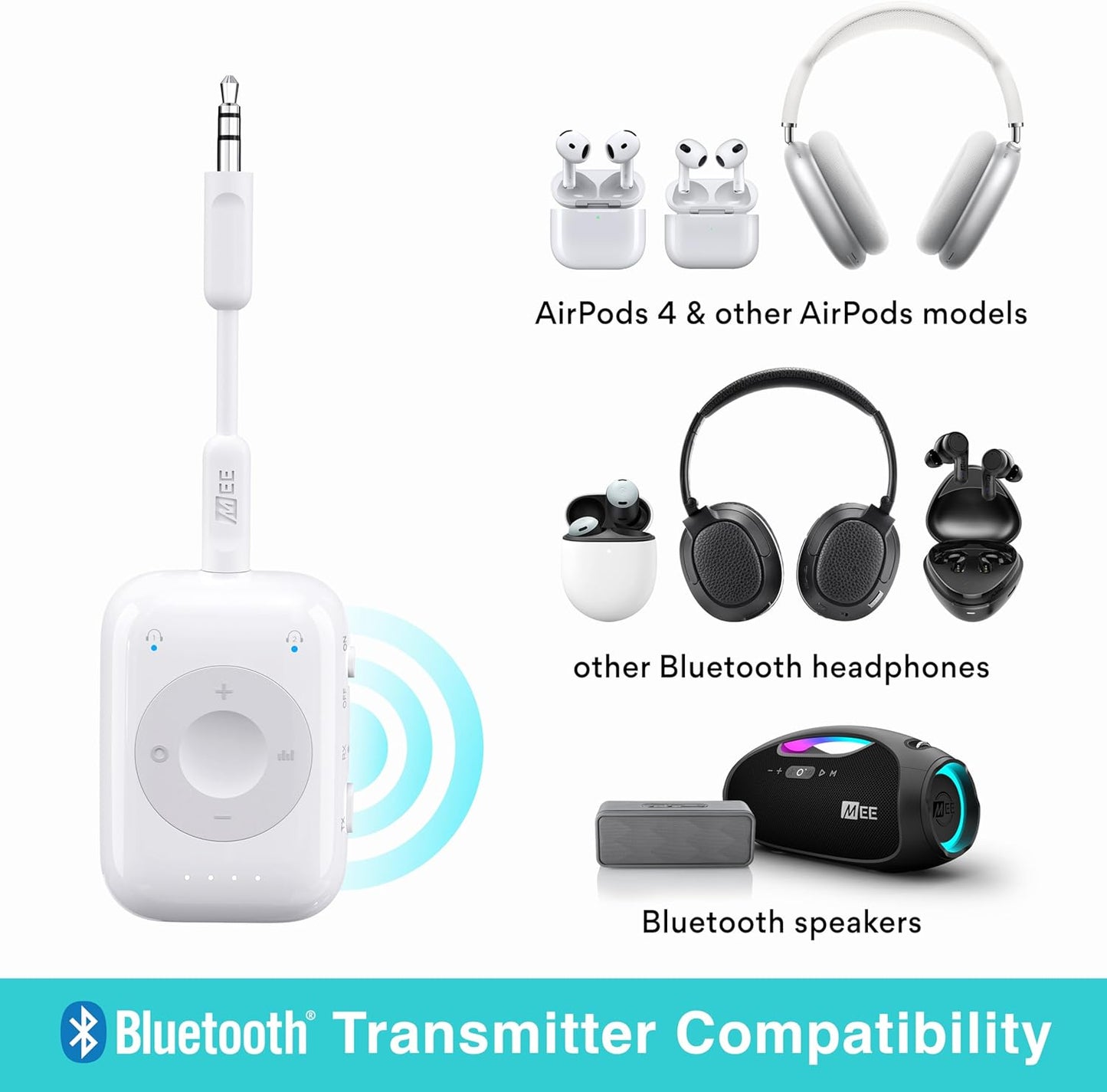 MEE audio Connect Air Pro (2 PACK) Bluetooth Wireless Audio Transmitter & Receiver for AirPods or Bluetooth Headphones, 2-in-1 Adapter with Detachable Cable for 3.5mm devices on Airplanes, Black&White