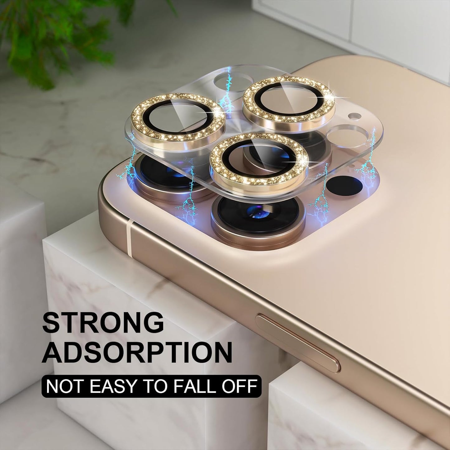 Choiche Compatible for iPhone 16 Pro/iPhone 16 Pro Max Camera Lens Protector, Bling Camera Cover with 9H Tempered Glass Lens Screen Protector Metal Ring Decoration Accessories (Clear-Titanium Desert)