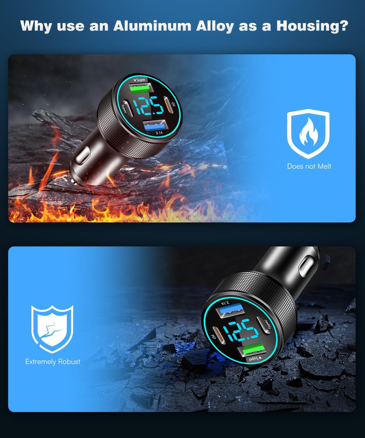 2 Packs of 66W USB C Car Charger 4 Port Car Charger Adapter with 30W PD, 3.1A Aluminium Alloy Car Cigarette Lighter USB Charger with LED Voltmeter Compatible with Phone 15 14 13