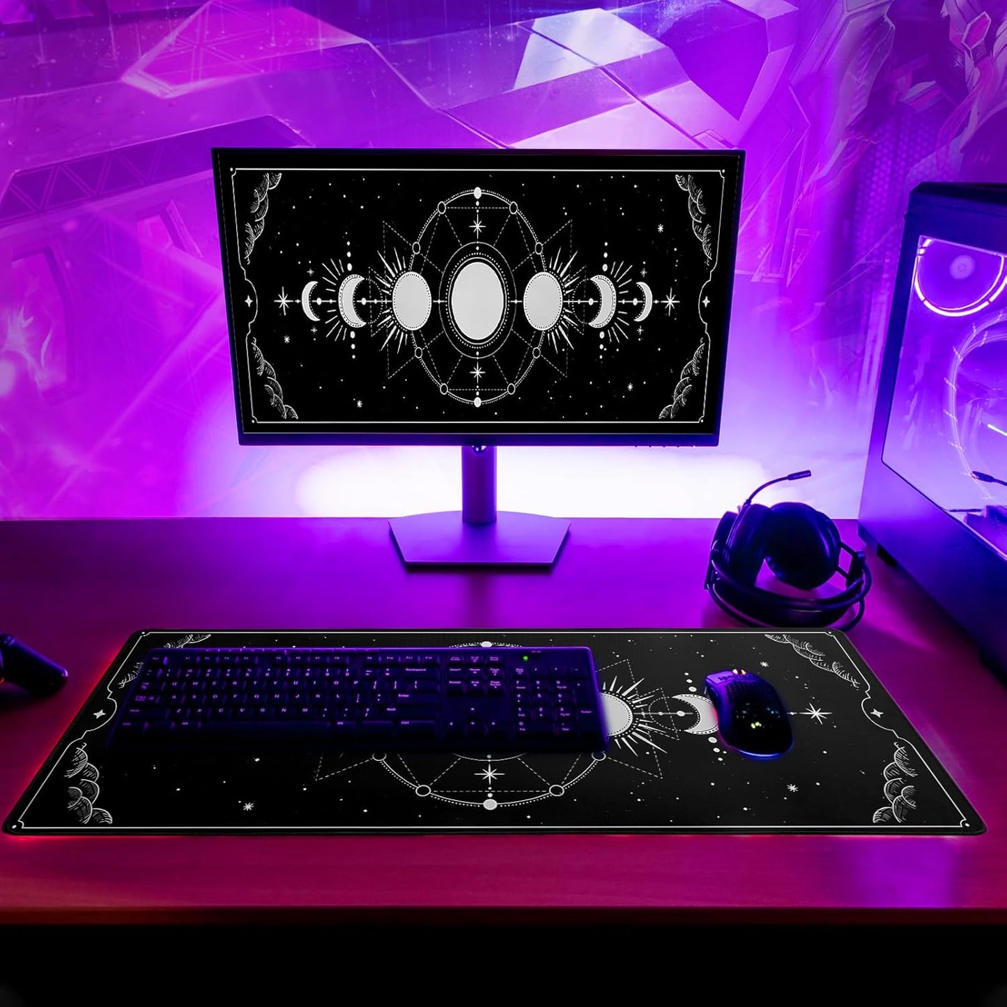 Sun Moon Gaming Mouse Pad Black Large Mouse Pad for Keyboard and Mousepad Desk Mat with 3mm Non-Slip Base and Stitched Edge for Gaming and Office Computer Mat Protector Mat 31.5x11.8 Inch