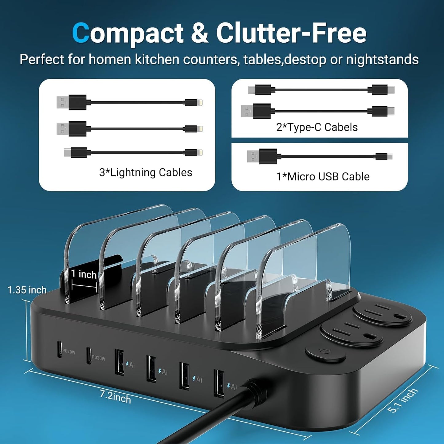 Catlyn Charging Station for Multiple Devices, 8 Port Charger Stations with 6 Mixed Charger Cables Organizer Dock,Compatible for Cell Phone,Tablet, Kindle, iPhone iPad for Family Home