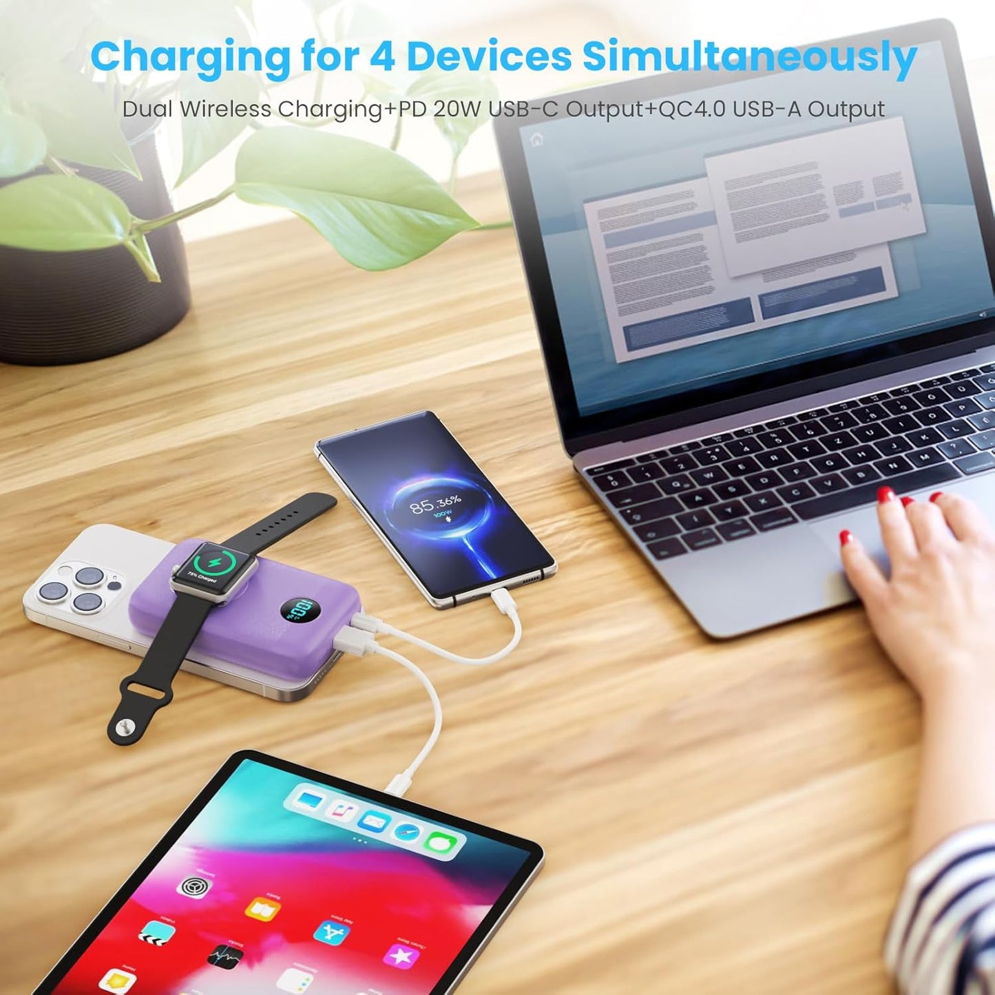 Magnetic Portable Charger 10800mAh,4-in-1 Wireless Power Bank with iWatch Charger, QC4.0+20W PD Fast Charging USB C Battery Pack with LCD Display for Magsafe,iPhone 16/15/14/13/12,Apple Watch, Purple