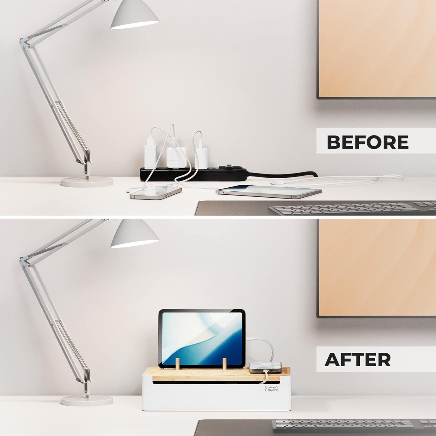 Prosumers Choice Bamboo Charging Station for Multiple Devices - Wooden Charger Organizer with Removable Dividers for Phones, Tablets, and Laptops - 11 Inch Cable Organizer Box - Space-Saving Desk Dock