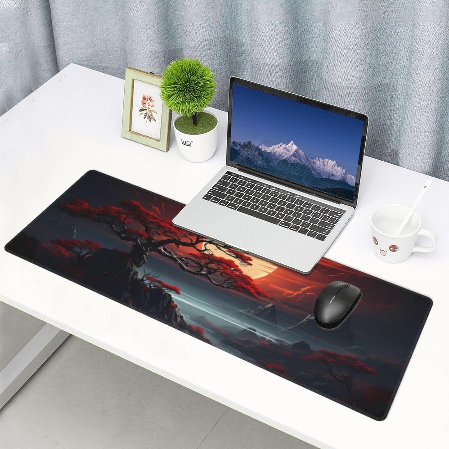 Darkness Red Moon Desk Mat Japanese Mouse Pad, Large Japanese Desk Mat, XL Anime Gaming Keyboard Mat, Non-Slip Rubber Base, Big Extended Desk Protector for Home Office, 31.5”x11.8”
