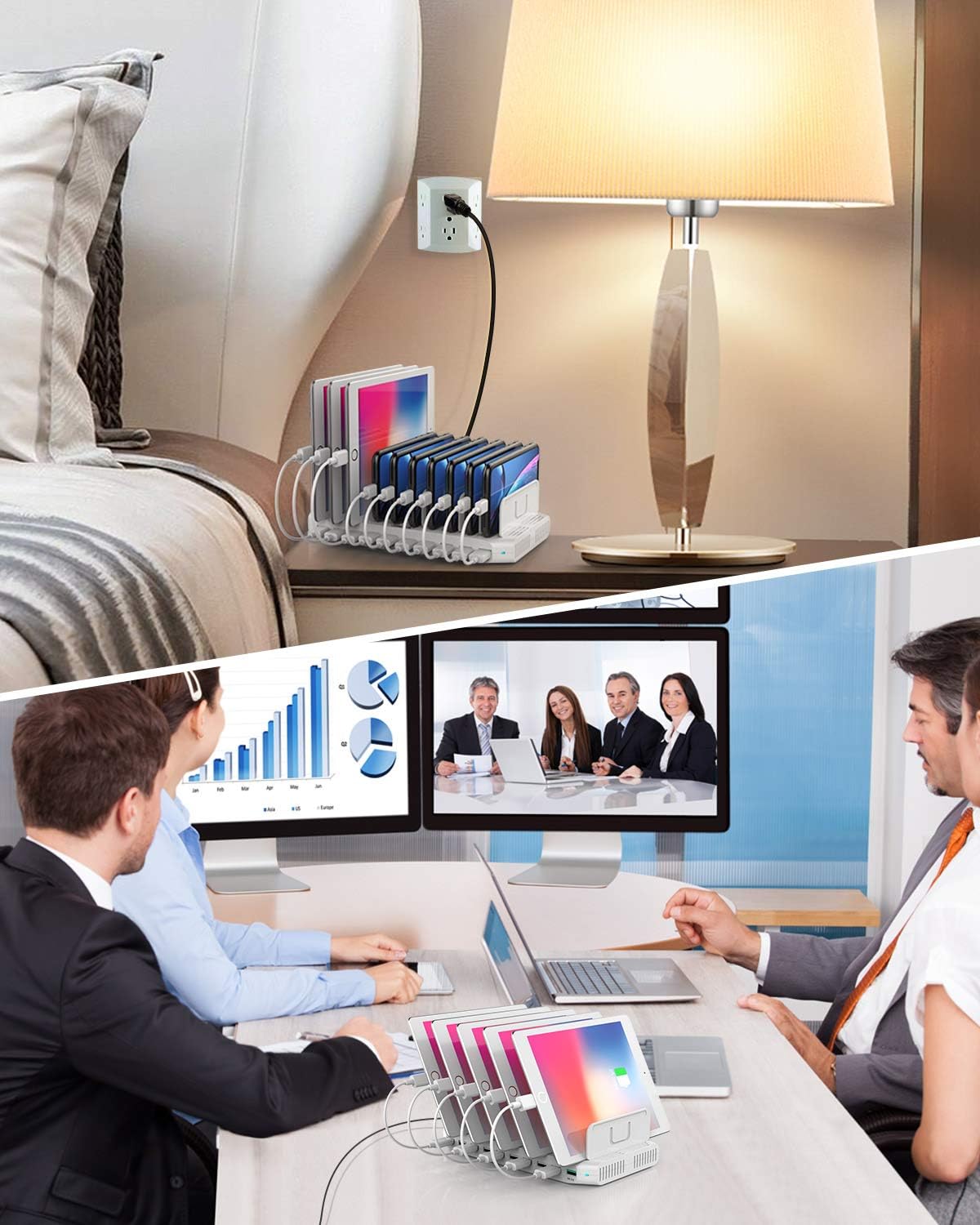 Unitek Charging Station for Multiple Devices, USB Charging Dock with Adjustable Dividers, QC 3.0 and SmartIC, iPhone, iPad, Tablet Organizer Stand-(UL Certified)