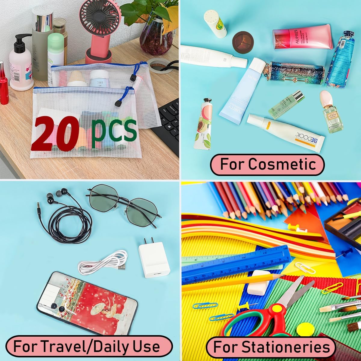 AUSTARK 20 Pcs Zipper File Bags, Plastic Mesh Pouch, Board Game Storage Bag, Waterproof Bags for Office School (A5 Size 9.2''x6.7'', White and Blue)