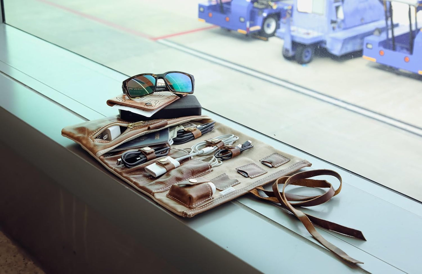 Tech Roll Organizer, Travel Tech Organizer, Cord Organizer, Jewelry Case (Natural - Brandy)