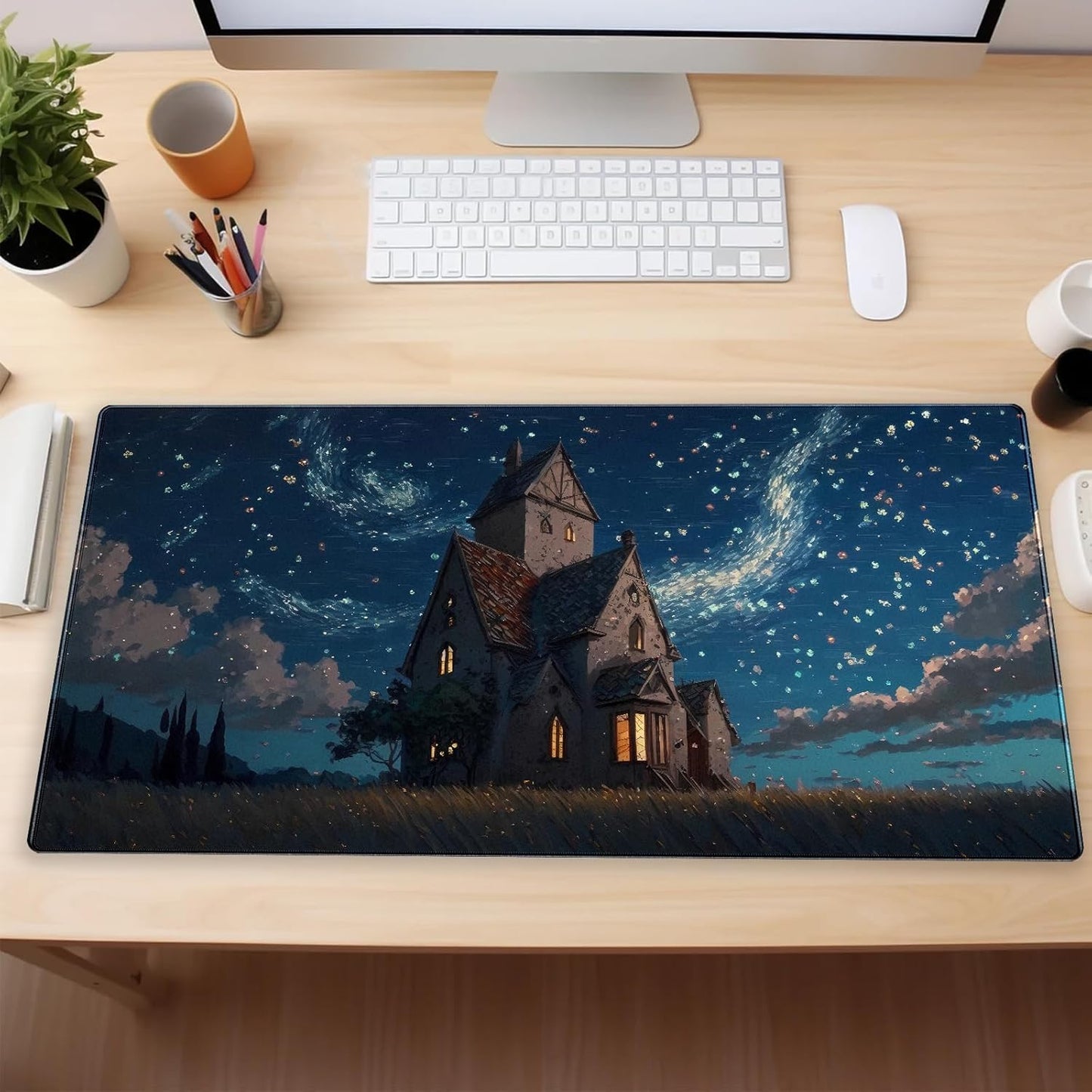 Anime Art Starry Sky Castle Desk Mat - XL Large Gaming Mouse Pad with Non-Slip Base & Stitched Edges, Washable Office Decor (31.5x15.7in)