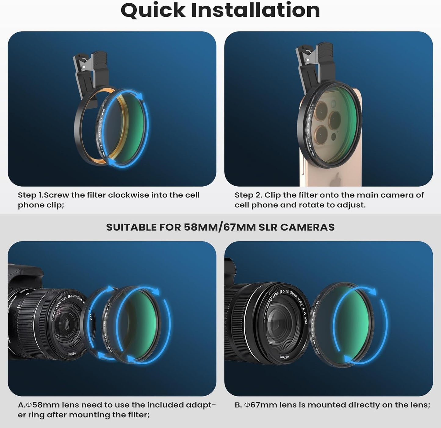 67mm CPL Filter for Phone/DSLR, HD Circular Polarizer Polarizing Filter with Universal Clip, Adapter Ring, Lens Attachment for iPhone 16 15 14 13 12 Samsung Galaxy Pixel and Other Smart Phones/Camera