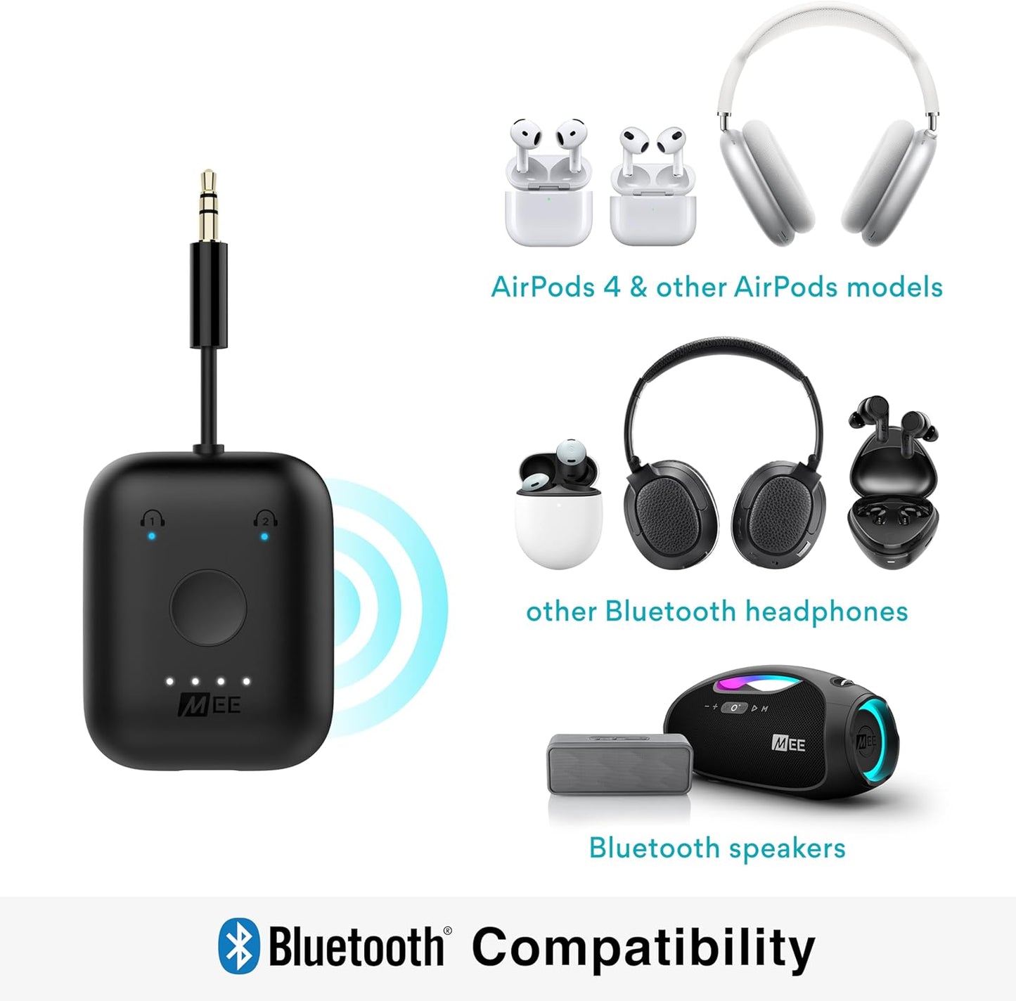 MEE audio Connect Air in-Flight Bluetooth Wireless Audio Transmitter, with Extra Dual 3.5mm Jack AUX Adapter, for up to 2 AirPods/Other Headphones; Works with All 3.5mm Aux Jacks, Black