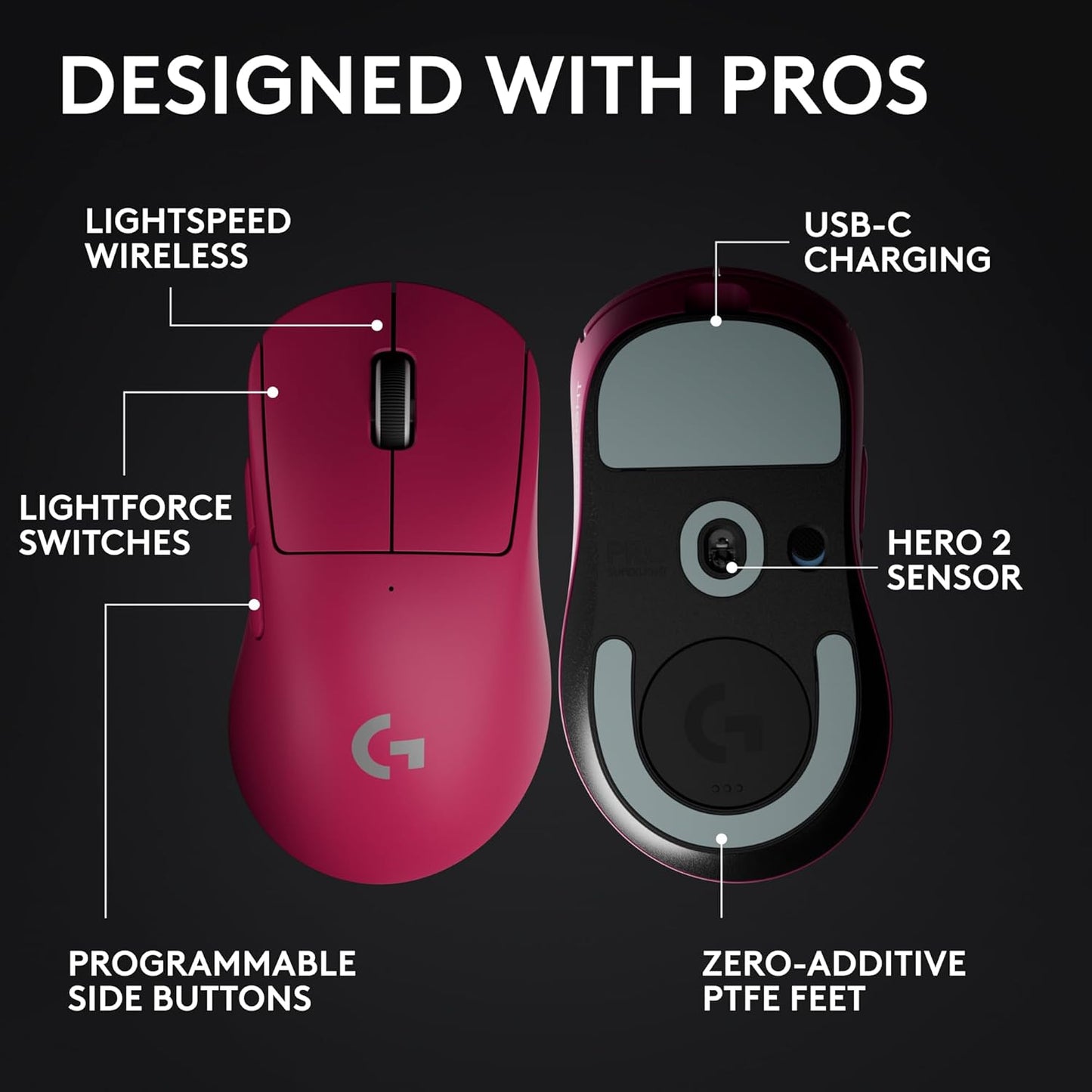 Logitech G PRO X Superlight 2 DEX Wireless Gaming Mouse, 60g Pro-Grade with 5 Programmable Buttons, 44k DPI Sensor, 8kHz Report Rate, USB-C Charging for PC/Mac - Magenta