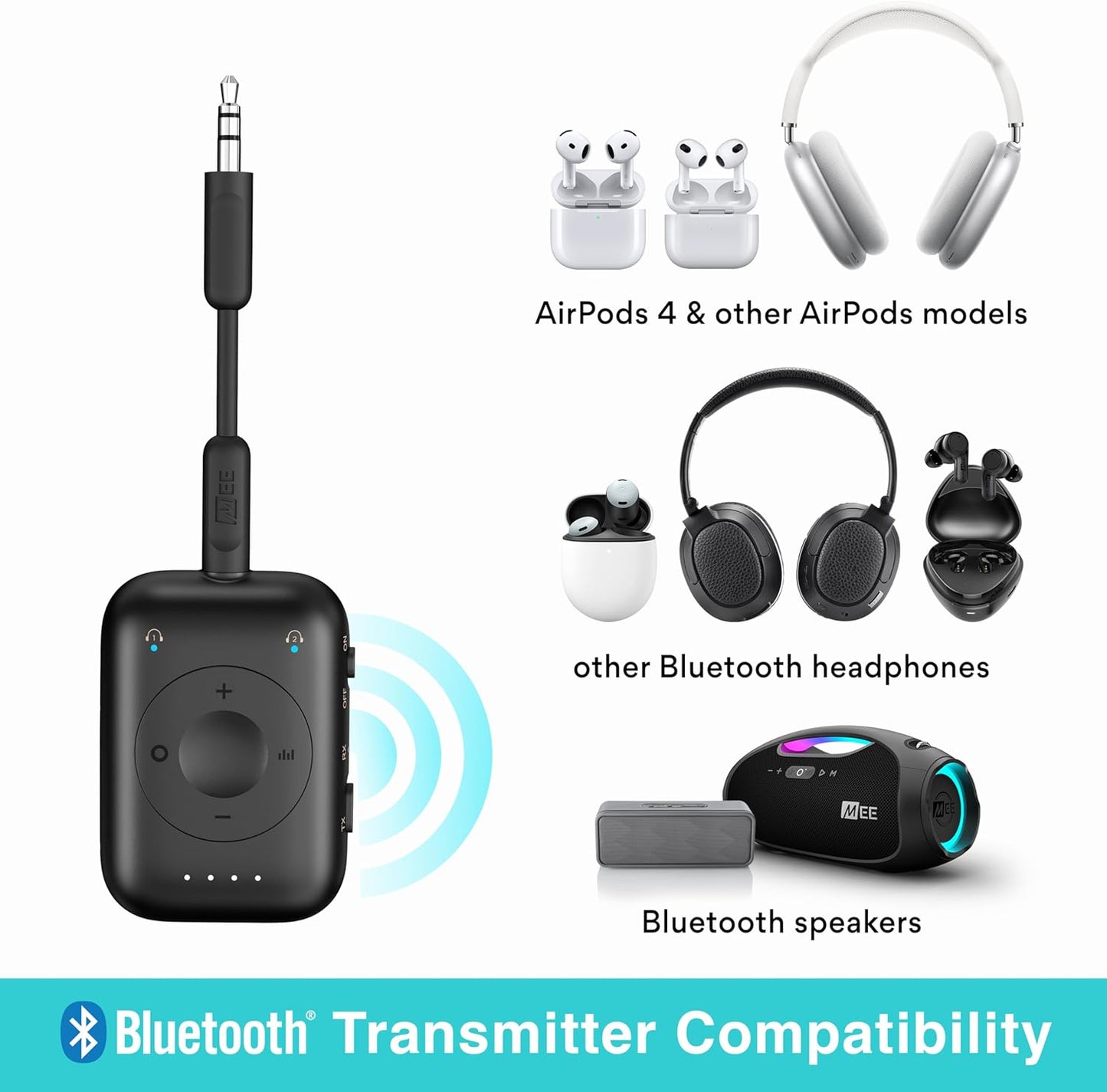 MEE audio Connect Air Pro Bluetooth Wireless Audio Transmitter & Receiver for AirPods or Bluetooth Headphones, 2-in-1 Adapter with Detachable Cable 3.5mm Aux Audio Jack for Airplanes, Auto, Gym, Black