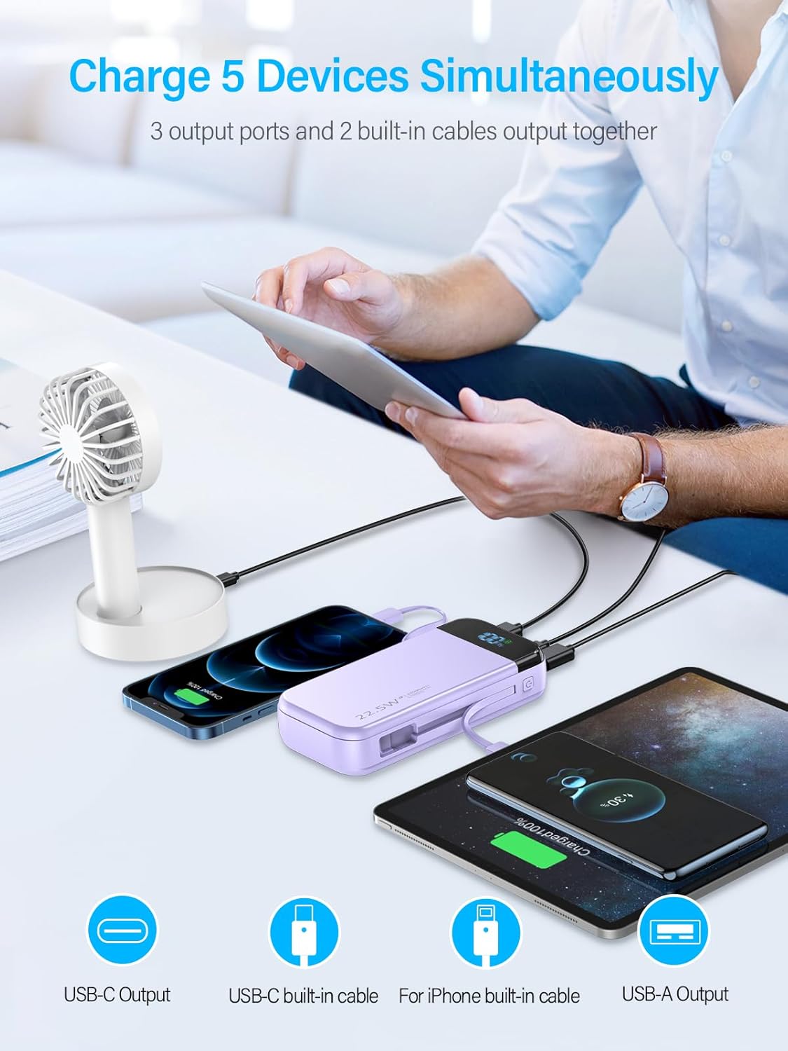 Portable Charger 32000mAh, 22.5W QC 3.0 PD 20W Smart LED Display Fast Charging Built in Cables Power Bank, External Battery Pack Charge 5 Devices Compatible with Cellphones (Purple)