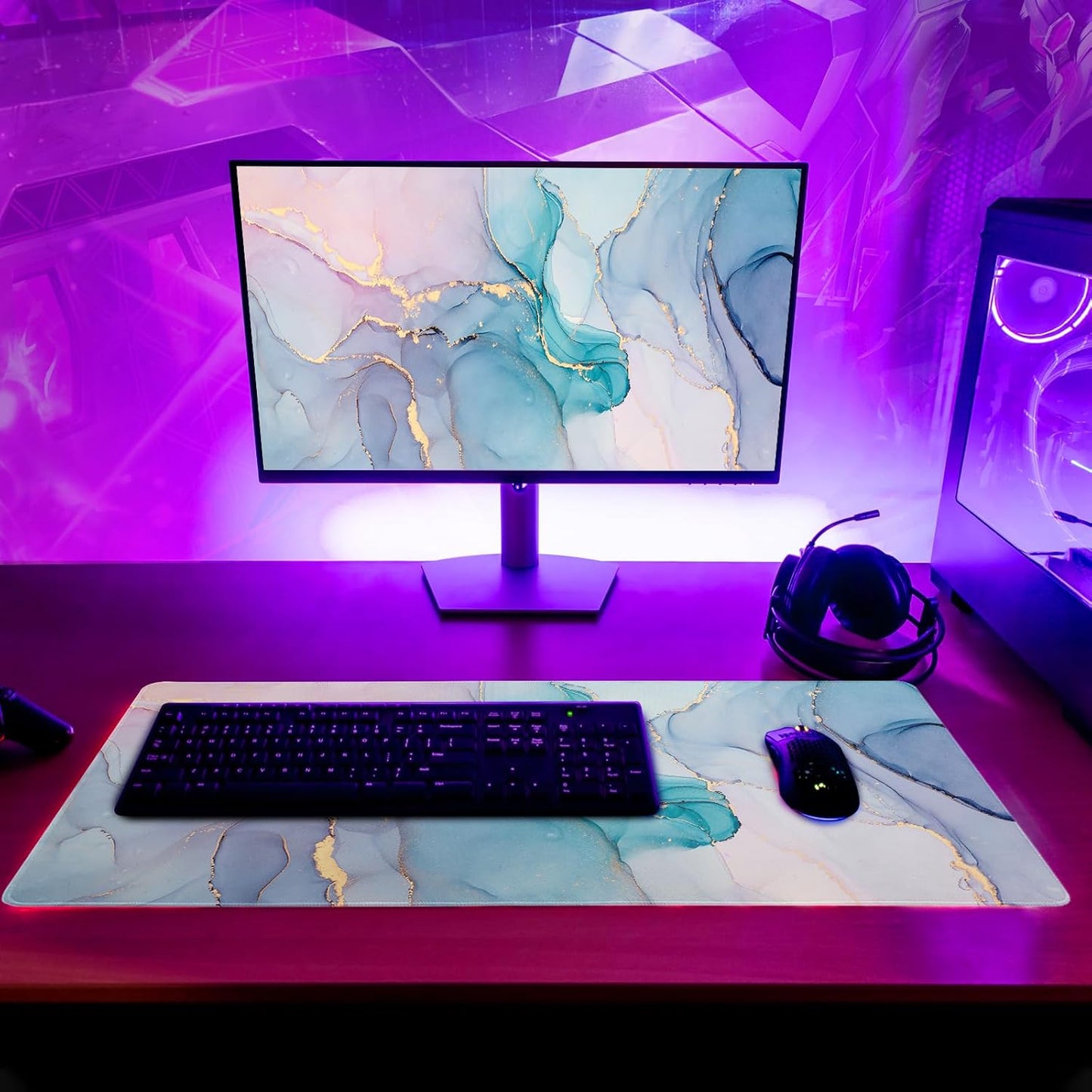 Teal Marble Extended Mouse Pad 31.5x11.8 Inch Turquoise Desk Marble Mousepad Extended Large Non-Slip Rubber Base Waterproof Big Keyboard Mat with Stitched Edges for Gaming and Office