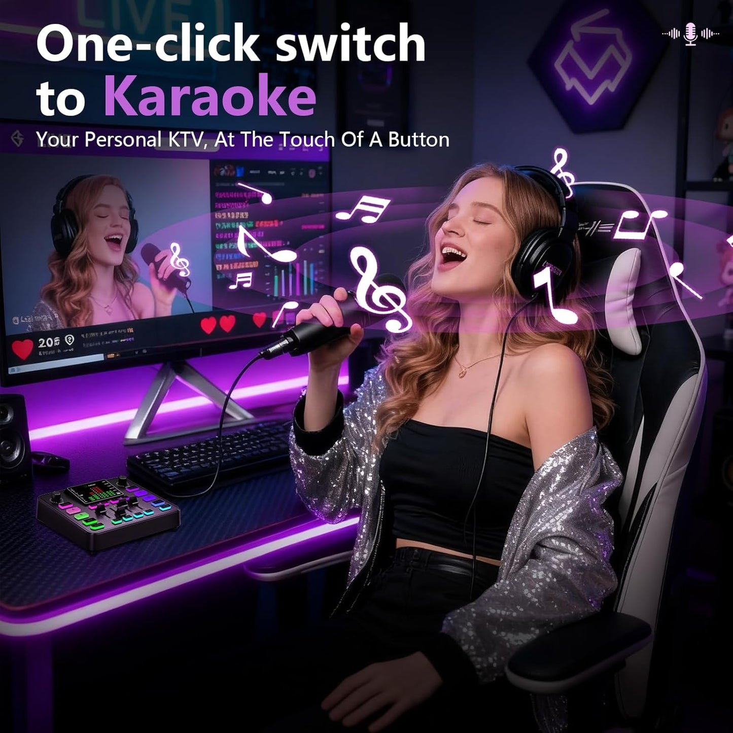 Pupgsis Gaming Audio Mixer, Audio Interface, Sound Board With Pro-Preamp, Noise Cancellation, RGB, Bluetooth, Volume Fader For Streaming/Podcasting/Gaming Maonocaster/Content Create, 6.35mm