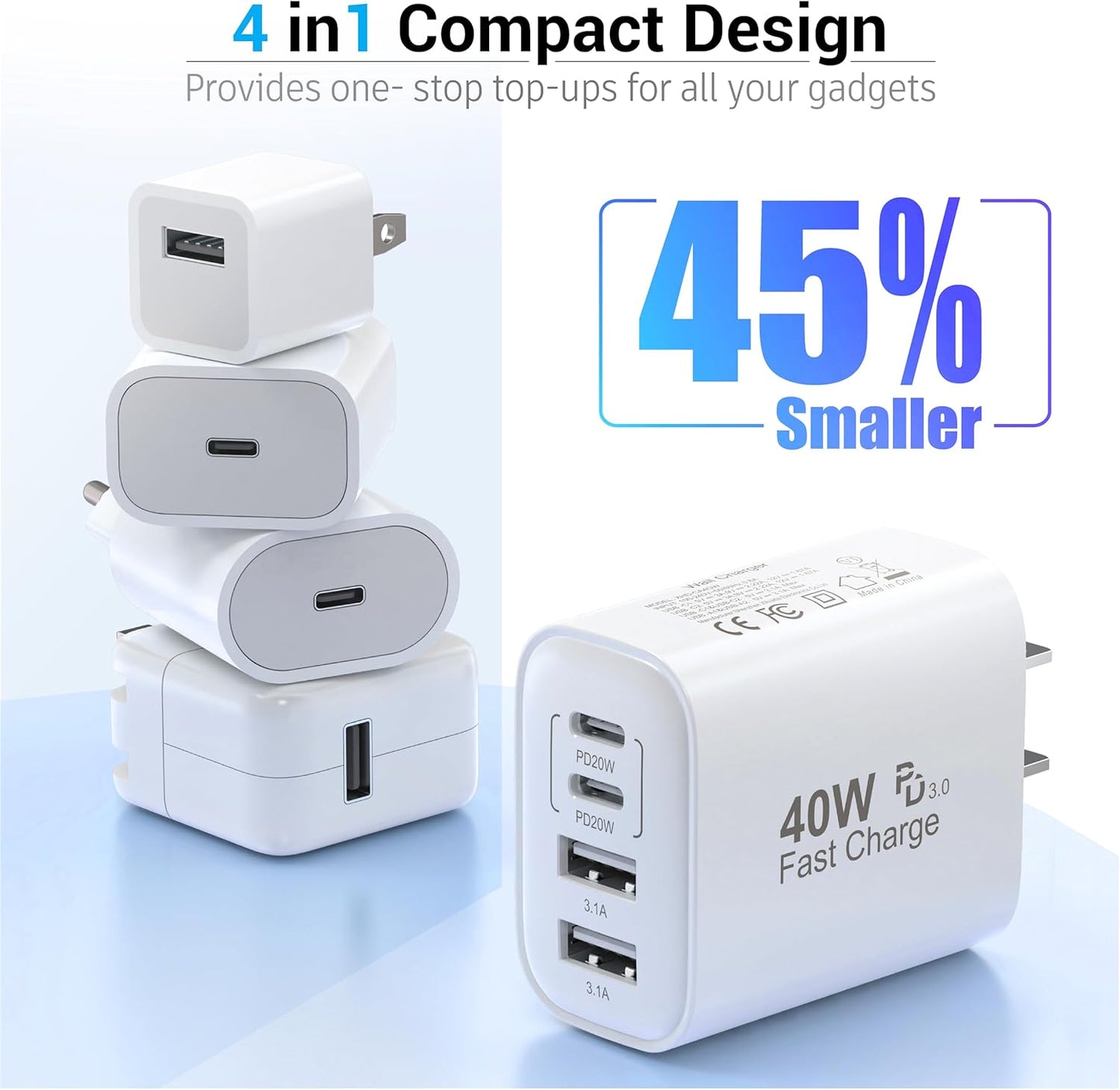 TT&C USB C Block 40W, 4 Ports Wall Plug Fast Charging Block, PD+QC Multiport Power Adapter USB C Charger Type C for iPhone 16,15,14,13,12,11, Pro Max, X, Xr, Xs, 8, Watch, Galaxy Phones (White 1Pack)