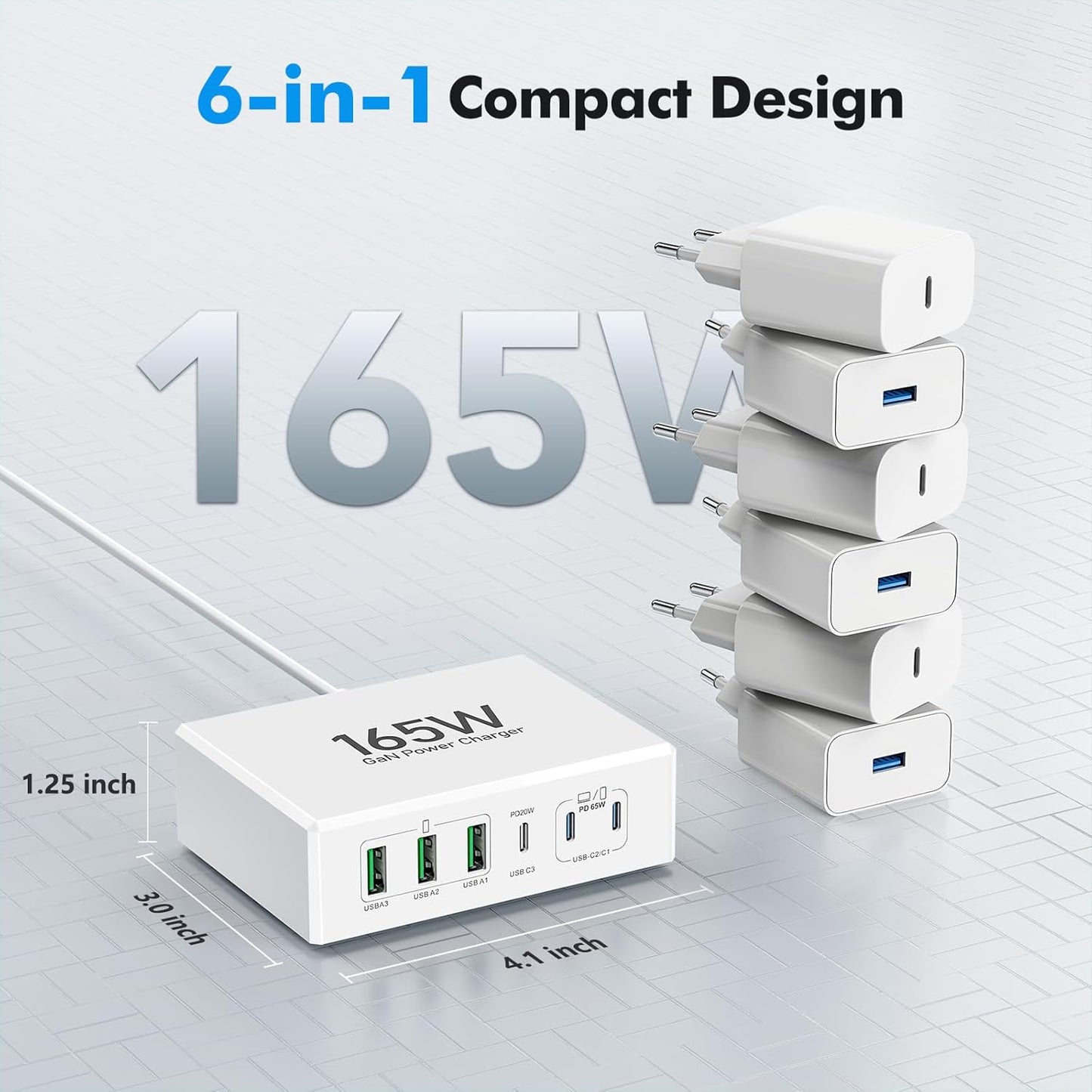 165W USB C Charging Station Hub, 6 Port PD GaN Fast Wall Charger Block Type C Laptop Power Adapter Charger Cube Brick for MacBook Pro/Air,iPad Pro,iPhone16 15 14 13 12, AirPods4,watch10 ultra2