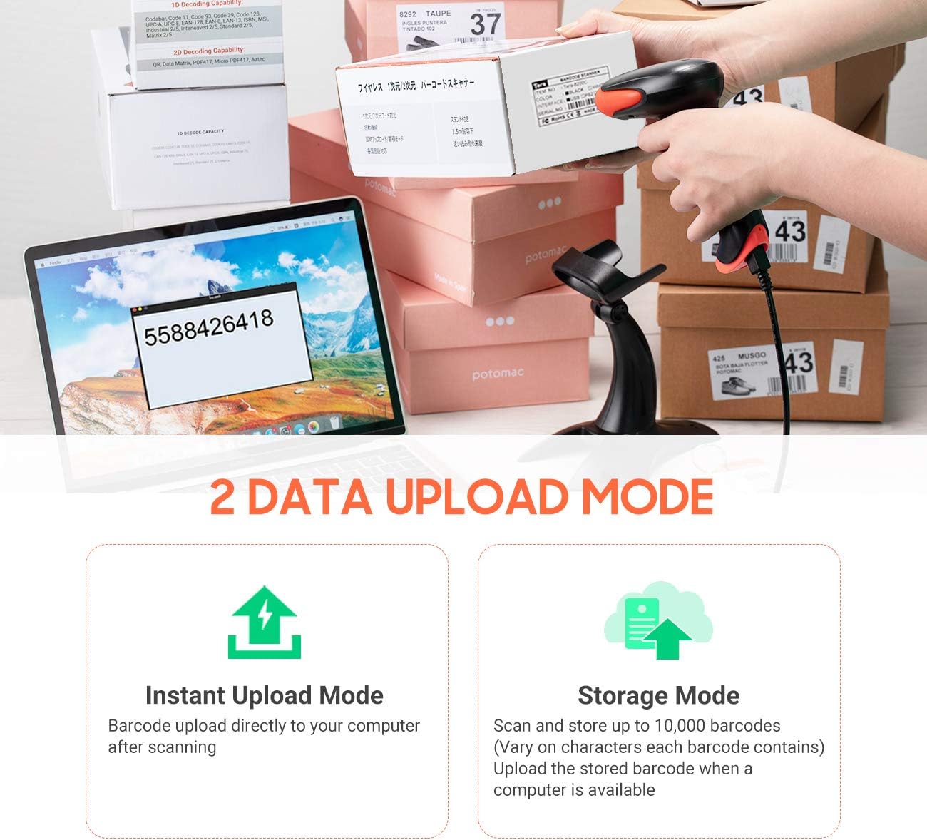 Tera Wireless 2D QR Barcode Scanner with Stand, 3 in 1 Compatible with Bluetooth & 2.4GHz Wireless & USB Wired Barcode Reader Handheld Bar Code Reader HW0001