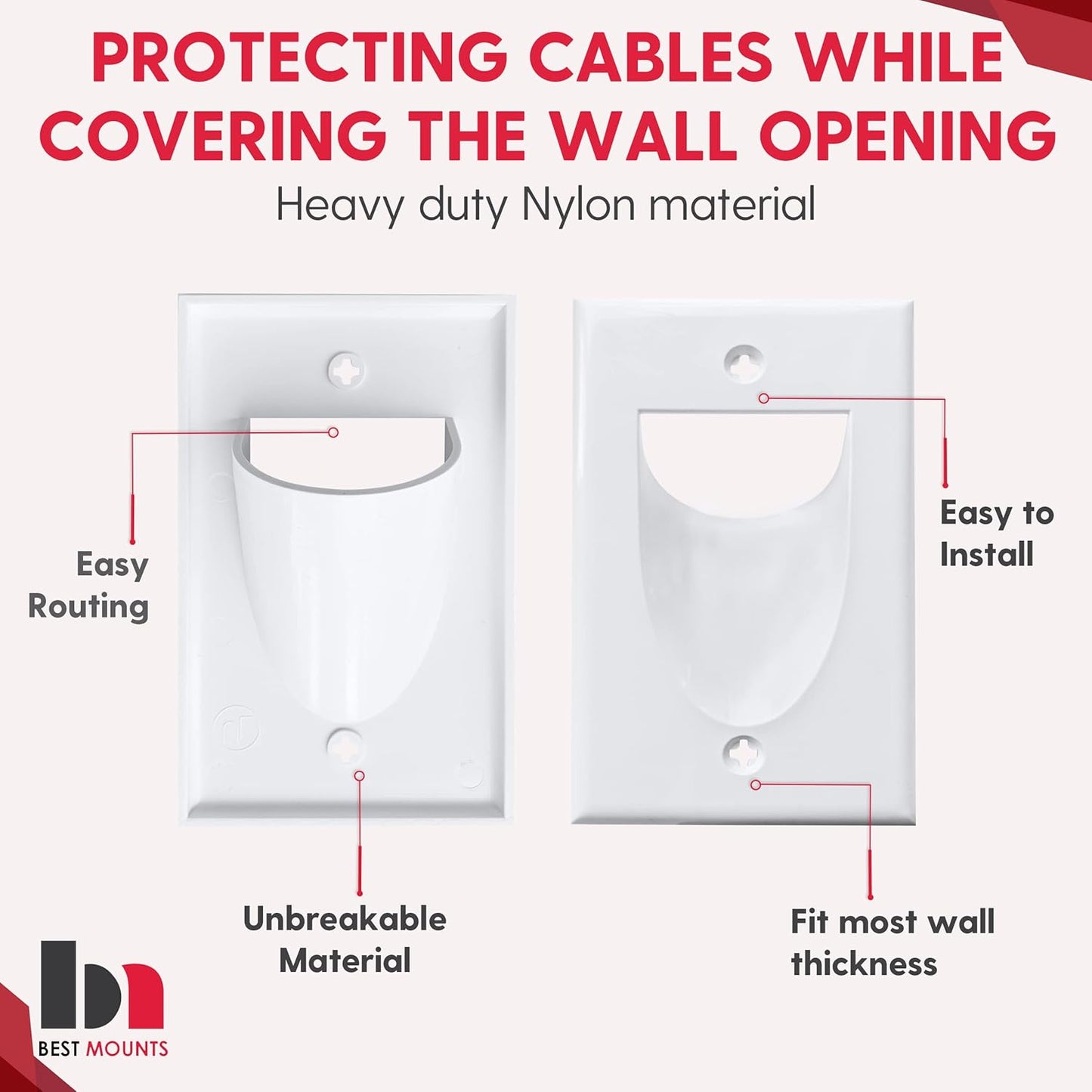 BestMounts - 6 Pack Inner Nose Behind Wall Cable Management TV Cord Hider for Wall Mounted TV - Single Gang Low Voltage Recessed Wall Plates Cable Pass Through for Wires, HDTV, HDMI (White)