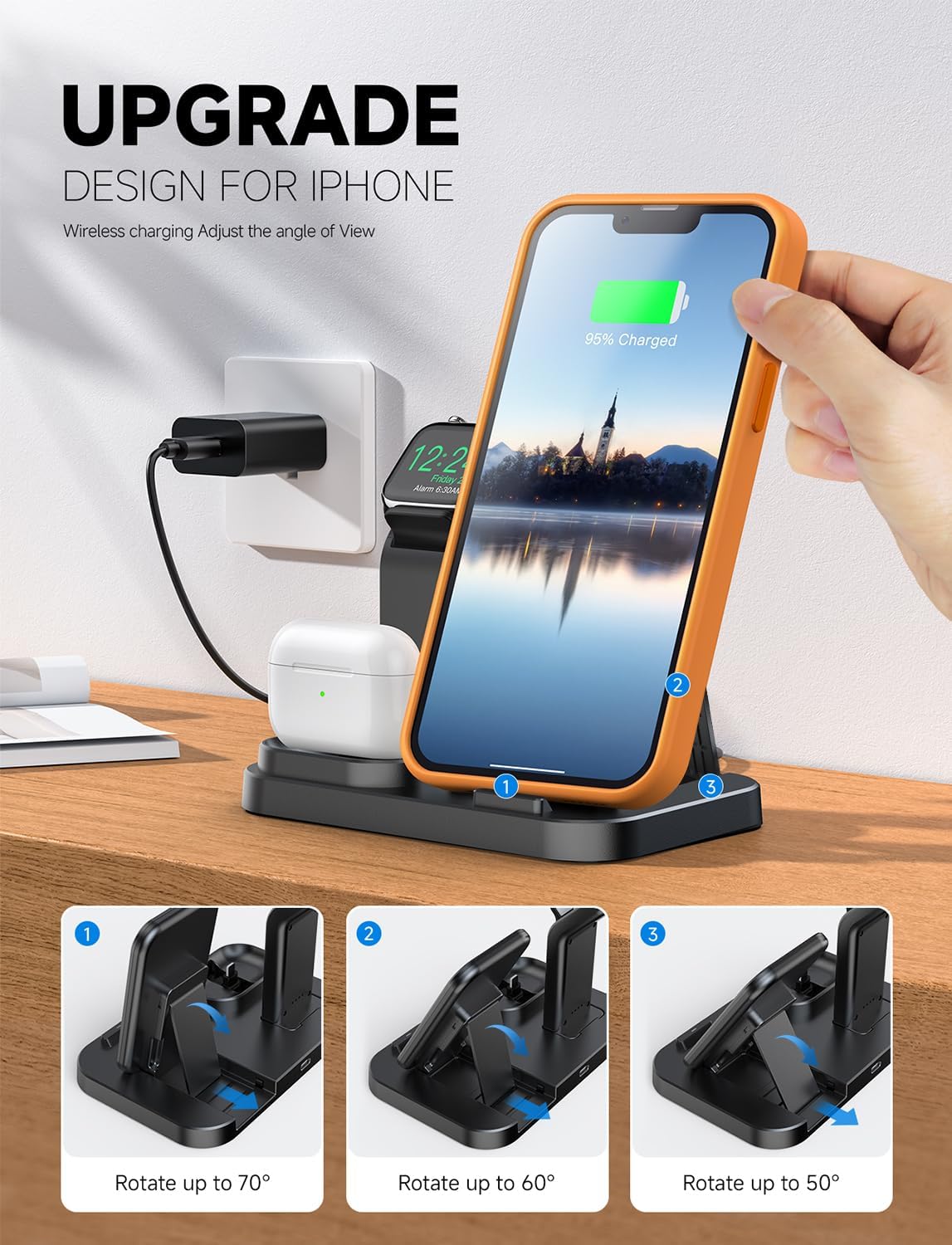 Wireless Charging Station 3 in 1 RJR Compatible with Apple Devices, Charging Dock for iWatch, Built-in Wireless Charger Stand for iPhone Series AirPods Gifts (with 18W Adapter) Graphite Black