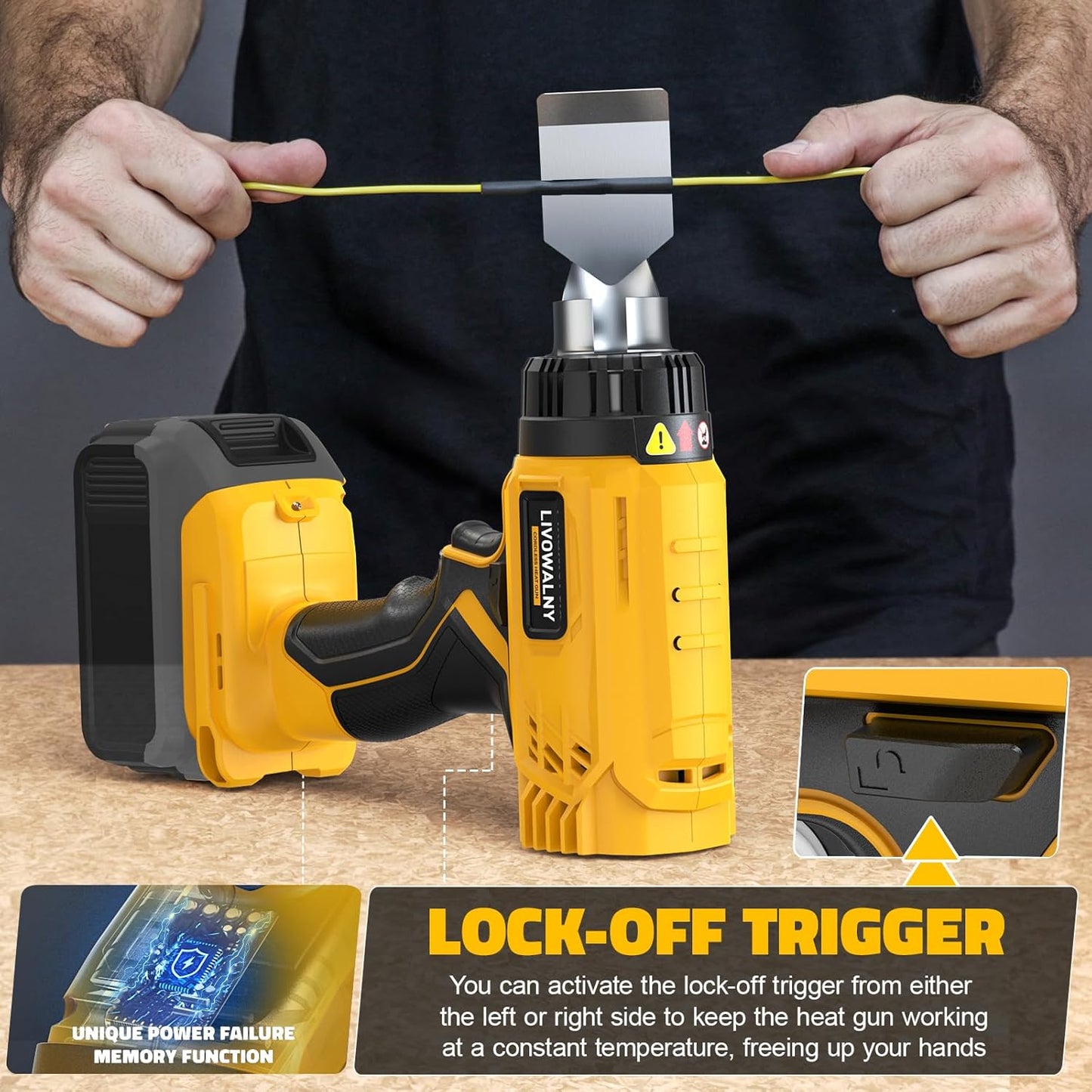 LIVOWALNY Heat Gun Compatible with Dewalt 20v Battery:350W Cordless Battery Powered Heat Gun 122℉~1022℉-Variable Temperature Control Heat Shrink Gun w/LED Digital Display for Shrink Tubing, Vinyl Wrap