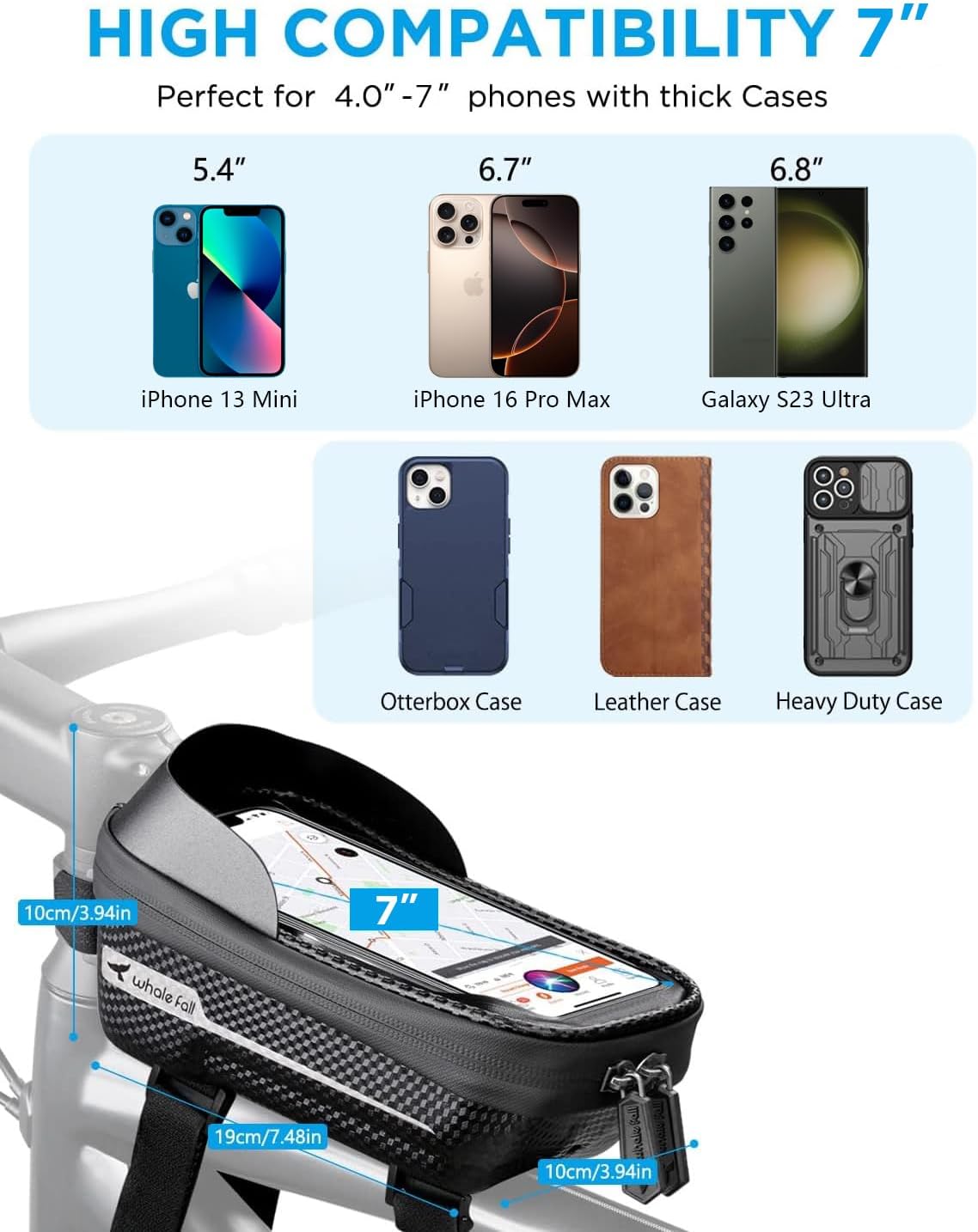 whale fall Bike Phone Frame Bag Waterproof, 3D Eva Hard Shell, Bike Phone Holder, Bicycle Top Tube Bag, Cycling Pouch with Rain Cover, Bike Accessories for Phones Under 7"