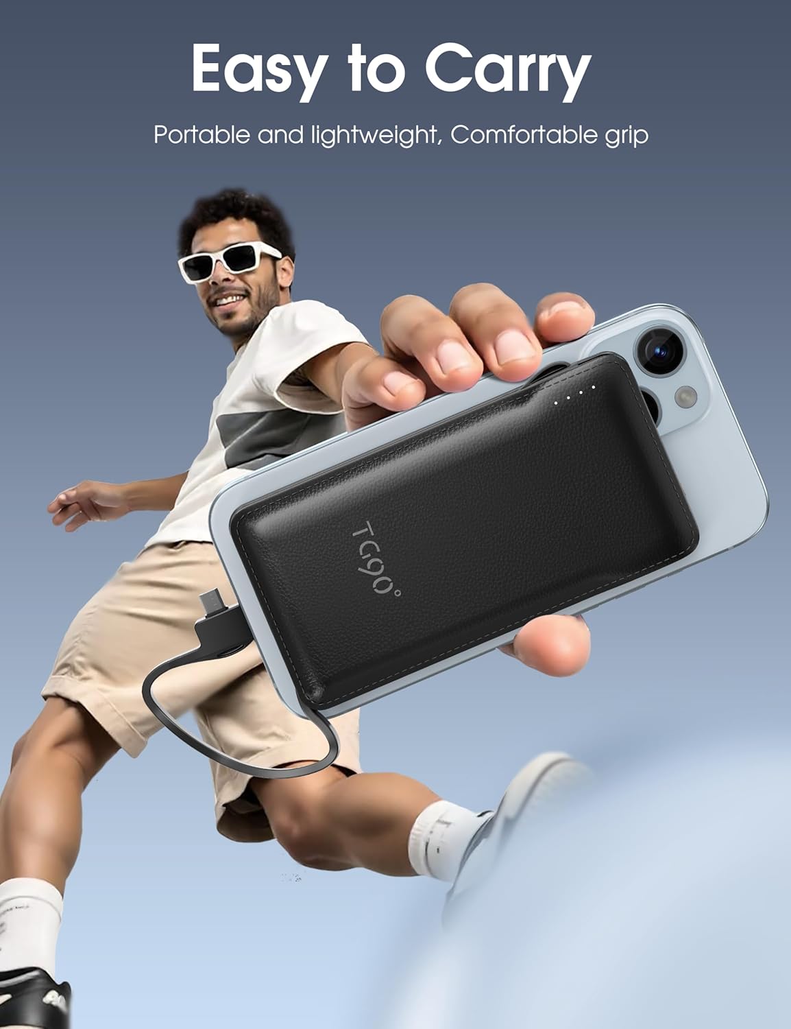 TG90° 10000mAh Portable Charger with Built-in AC Wall Plug and Cables, Ultra Slim USB C Power Bank External Battery Pack Compatible with iPhone and Android Phones