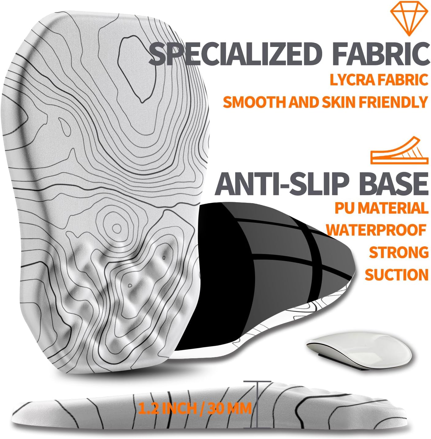 Ergonomic Slope Mouse Pad Wrist Support, Wrist Rest Mousepad for Carpal Tunnel Pain Relief with Massage Bulge and Slow Rebound Memory Foam (12x8 inch, White Contour Lines)