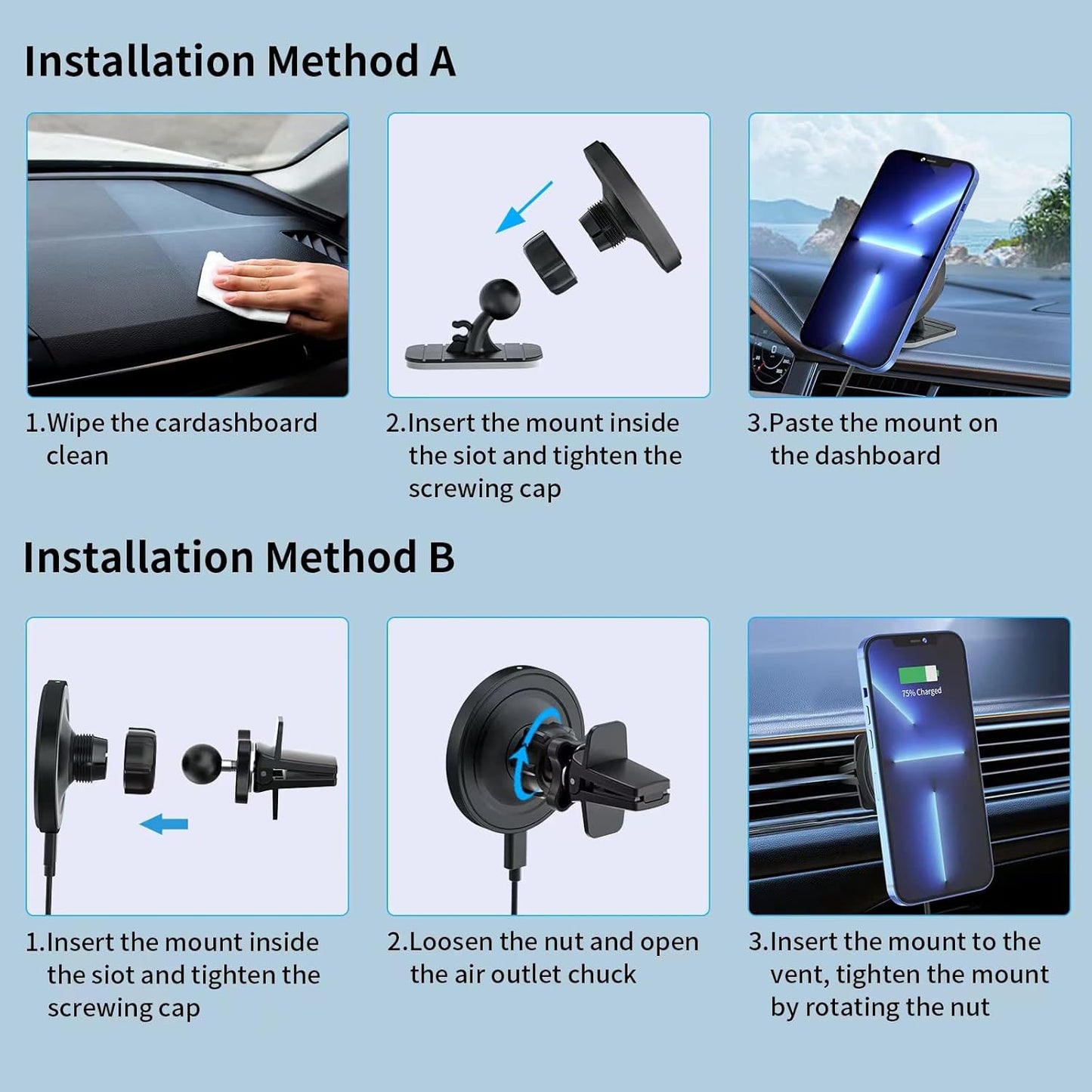 OHLPRO MagSafe Car Mount Charger, 15W QC 3.0 Fast Charging for iPhone 16 ProMax, Pro, Plus, 15, 14, 13, 12 Series, Stick on Car Dashboard & Air Vent Phone Holder