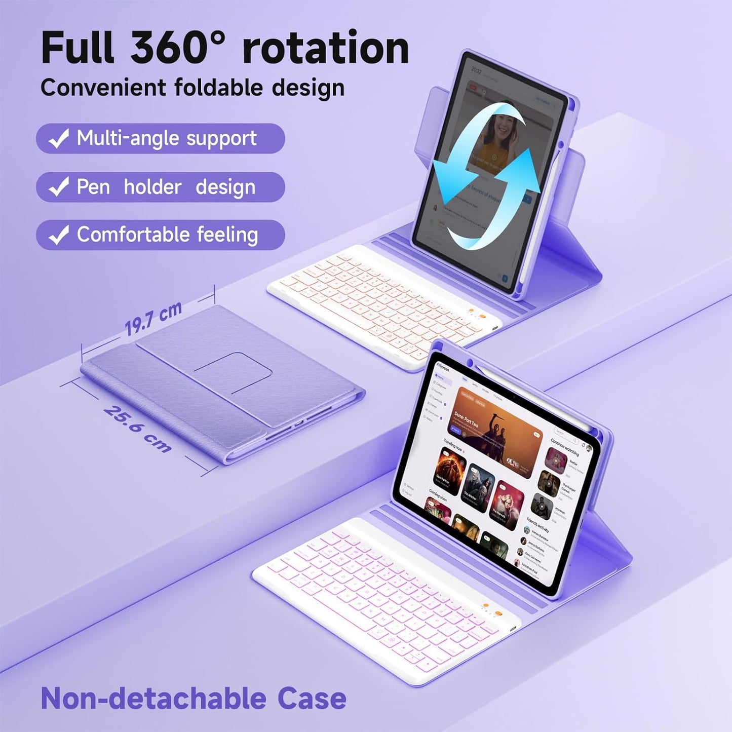Keyboard Case for iPad 9th/8th/7th Generation 10.2 inch 2021/2020/2019 & ipad Pro 10.5-inch & ipad Air 3 2019-Backlit Detachable keyboard 360° Rotatable Folio Cover with upper pencil holder-(Purple)