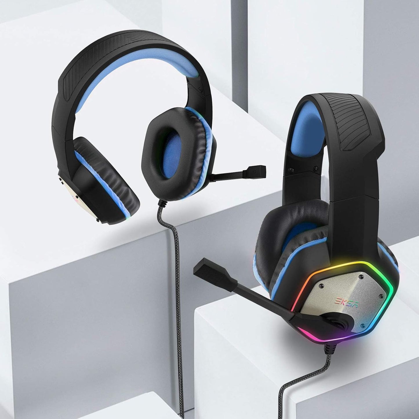 EKSA E1000 Gaming Headset, Computer Headphones with Noise Canceling Mic & RGB Light, 7.1 Surround Sound, Compatible with PC, PS4 PS5 Console, Laptop (Blue)