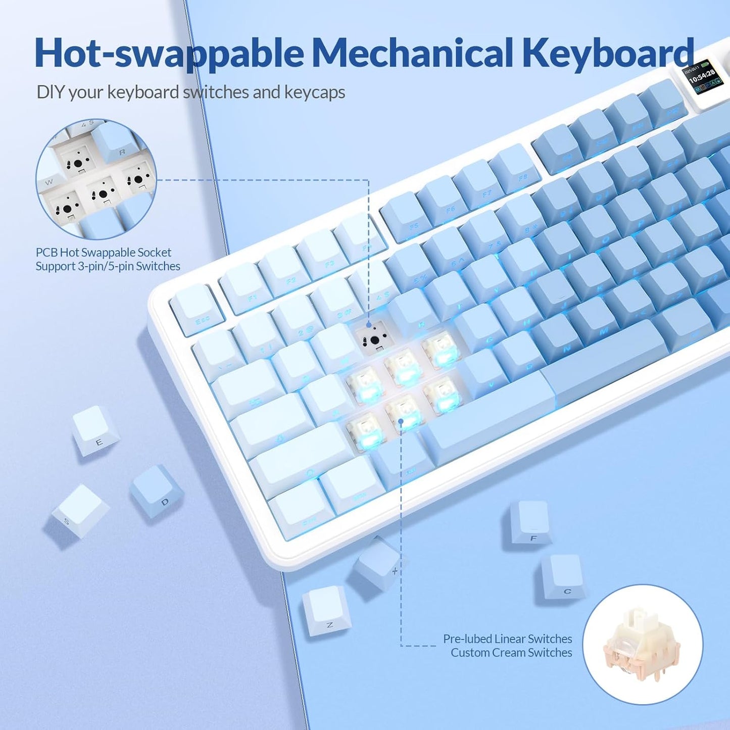 Rii RK805 Wireless Creamy Mechanical Keyboard with TFT Screen and Knob,75% Gasket-Mounted Gaming Keyboard with RGB Backlight,Tri-Mode BT/2.4G/USB-C,Hot Swappable,for Windows/Mac/Linux(Blue Gradient)