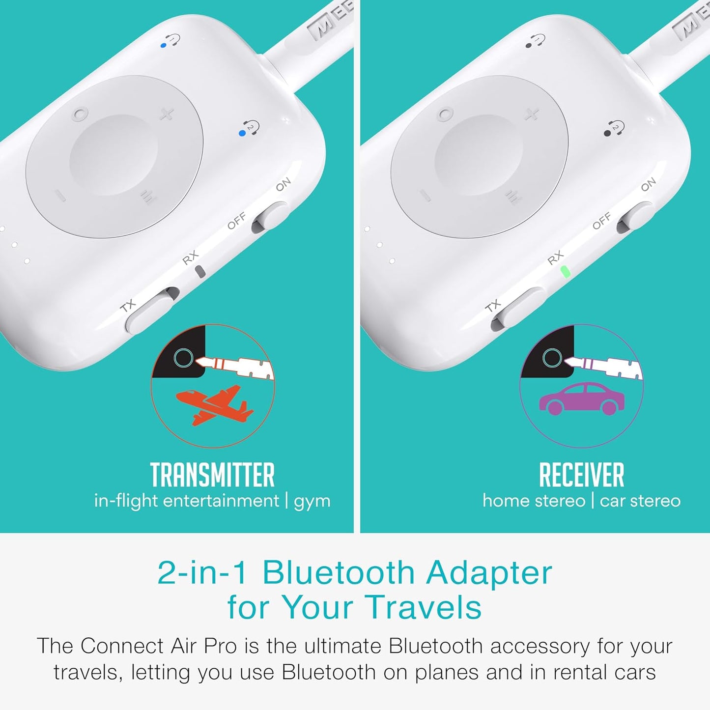 MEE audio Connect Air Pro (2 PACK) Bluetooth Wireless Audio Transmitter & Receiver for AirPods or Bluetooth Headphones, 2-in-1 Adapter with Detachable Cable for 3.5mm devices on Airplanes, Black&White