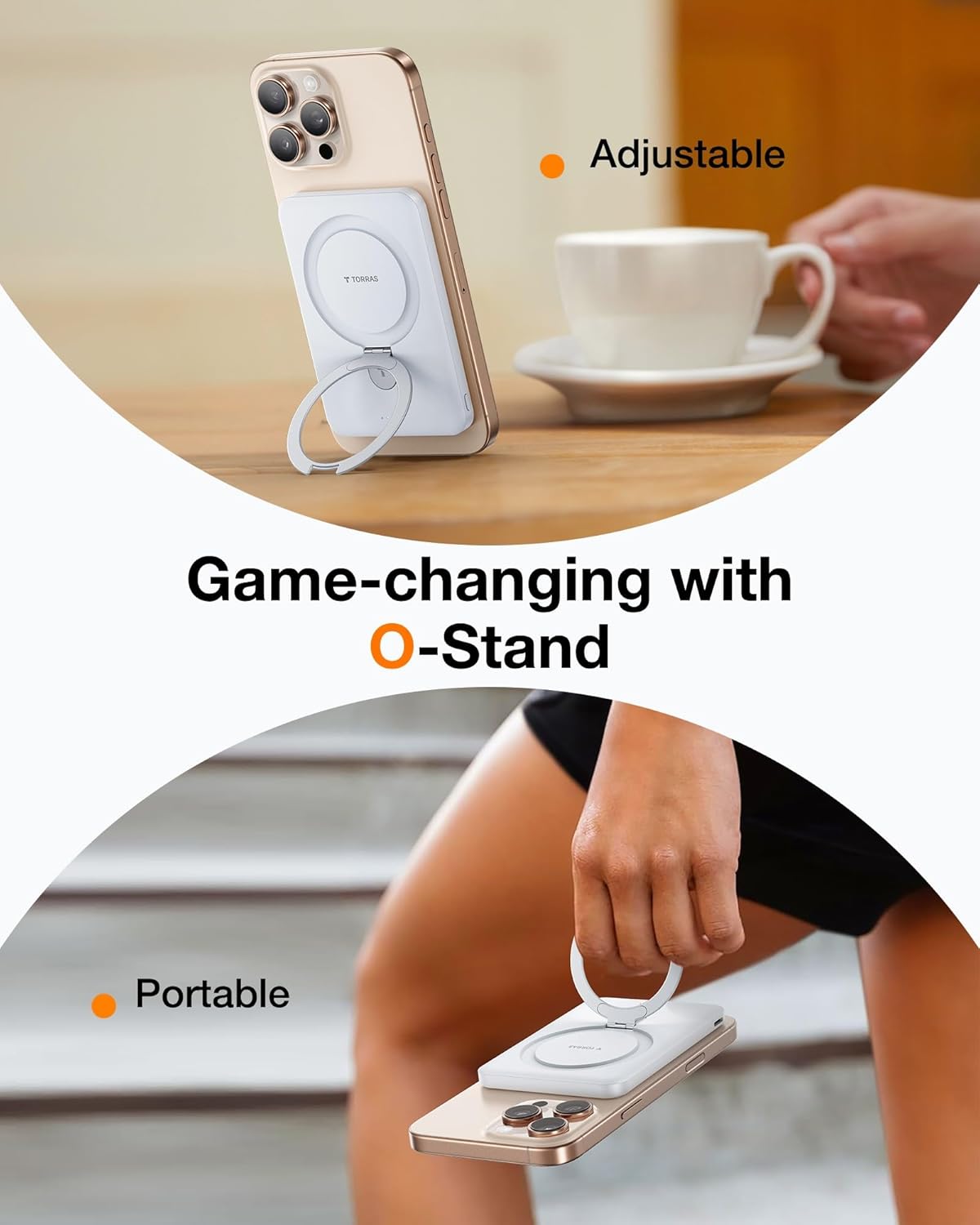 TORRAS 0.45" Slim Magnetic Portable Charger Power Bank for iPhone 5000 mAh 22.5W PD Fast Charging Wireless Battery Pack O Stand Compatible with Magsafe, i Phone 16 Pro Max, Pro,15,14,13,12, White