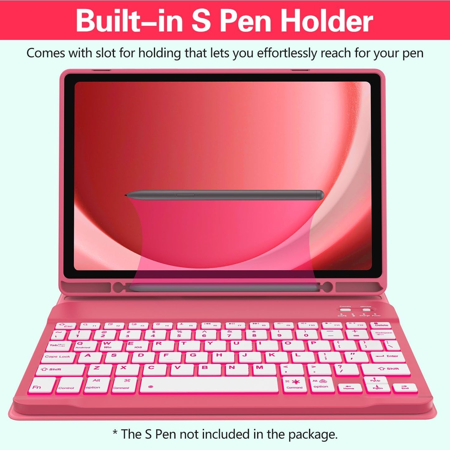Keyboard Case for Samsung Galaxy Tab A9 Plus 5G 11 inch 2023 (SM-X210/X216/X218), 7 Color Backlit Detachable Keyboard Bluetooth, Smart Folio Cover with S Pen Holder for Galaxy Tab A9+ 11"(Dark Pink)