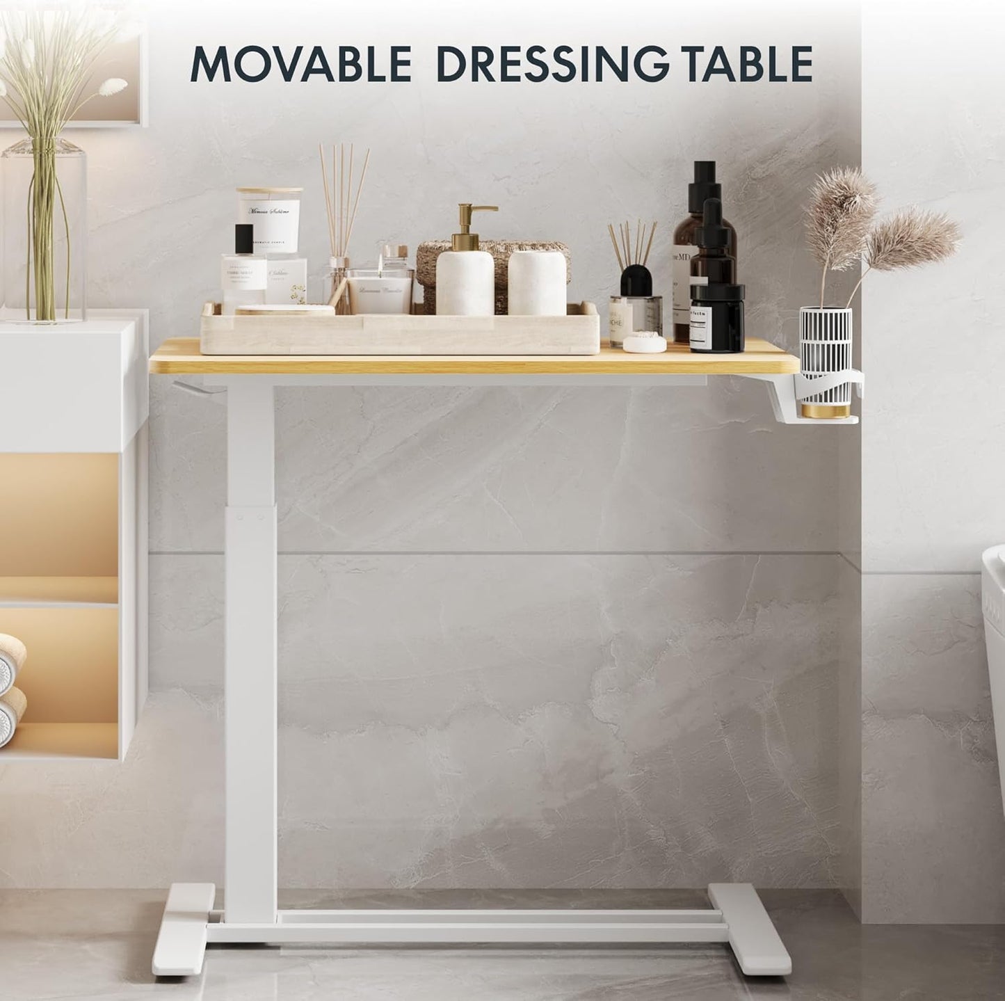 FLEXISPOT H7 Adjustable Overbed Bedside Table with Wheels Pneumatic Mobile Standing Desk Laptop Desk Rolling Computer Cart Movable Table Hospital Home Use(31.5" W x 17.7" D, Maple Large)