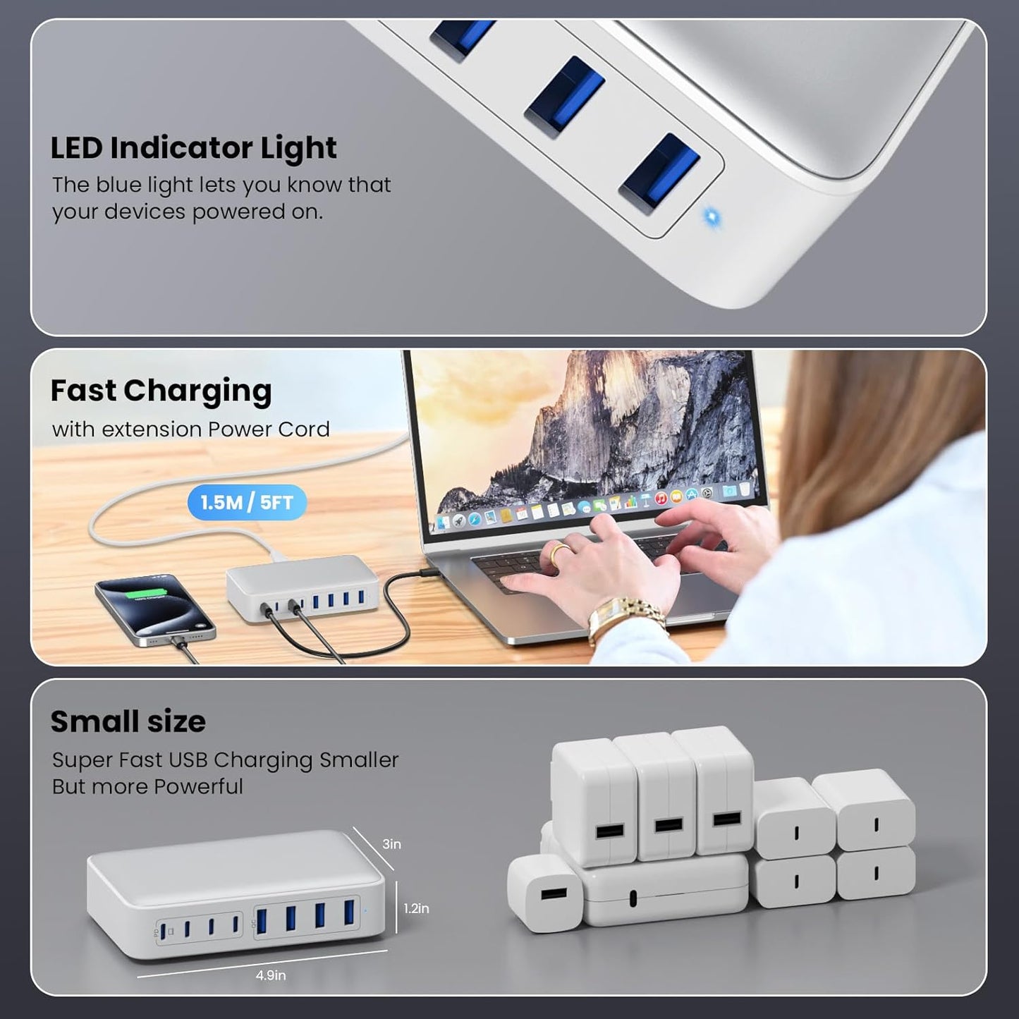 USB C Charger 200W USB C Charger Block,Upgraded GaN III 8-Port Fast Charging Station Hub,PD 65W Laptop Charging Adapter Compatible with MacBook Pro/Air,DELL,Steam Deck,iPhone 16/15/14,Galaxy S23/22