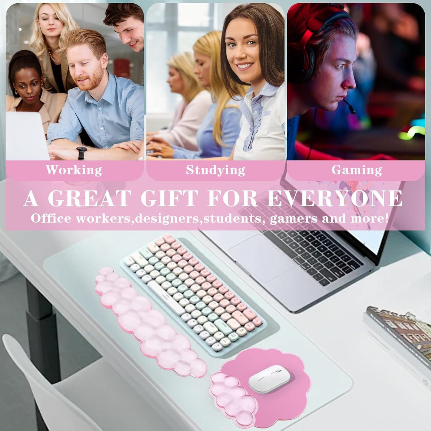 Gel Cloud Keyboard and Mouse Wrist Rest, Cute Wrist Support and Arm Support Rest for Typing Pain Relief,Suitable for Office/Computer/Laptop/Gaming Set-Pink