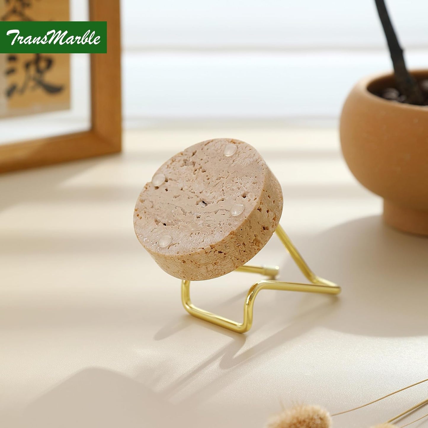 Marble Phone Stand with Metal Holder, Charging Available While Using, Swipe Up to Unlock, Made of Natural Marble as Business Card Holder for Office Desk (Travertine Beige + Gold)