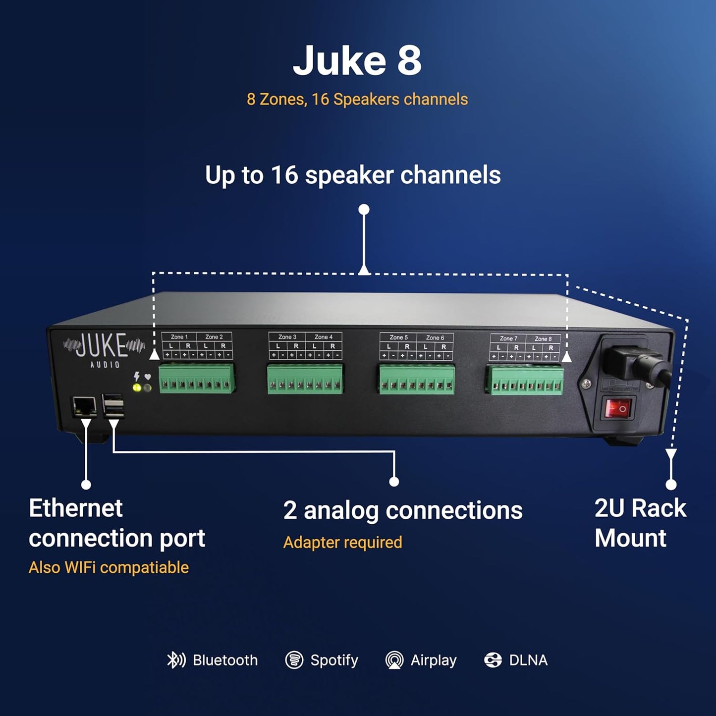 Juke-8: 8 Zone Multi-Room Amplifier | Built-in Music Streaming & Wireless App Control | Supports 8 Audio Sources Simultaneously | Whole Home Audio System | Airplay 2, Spotify Connect, Bluetooth