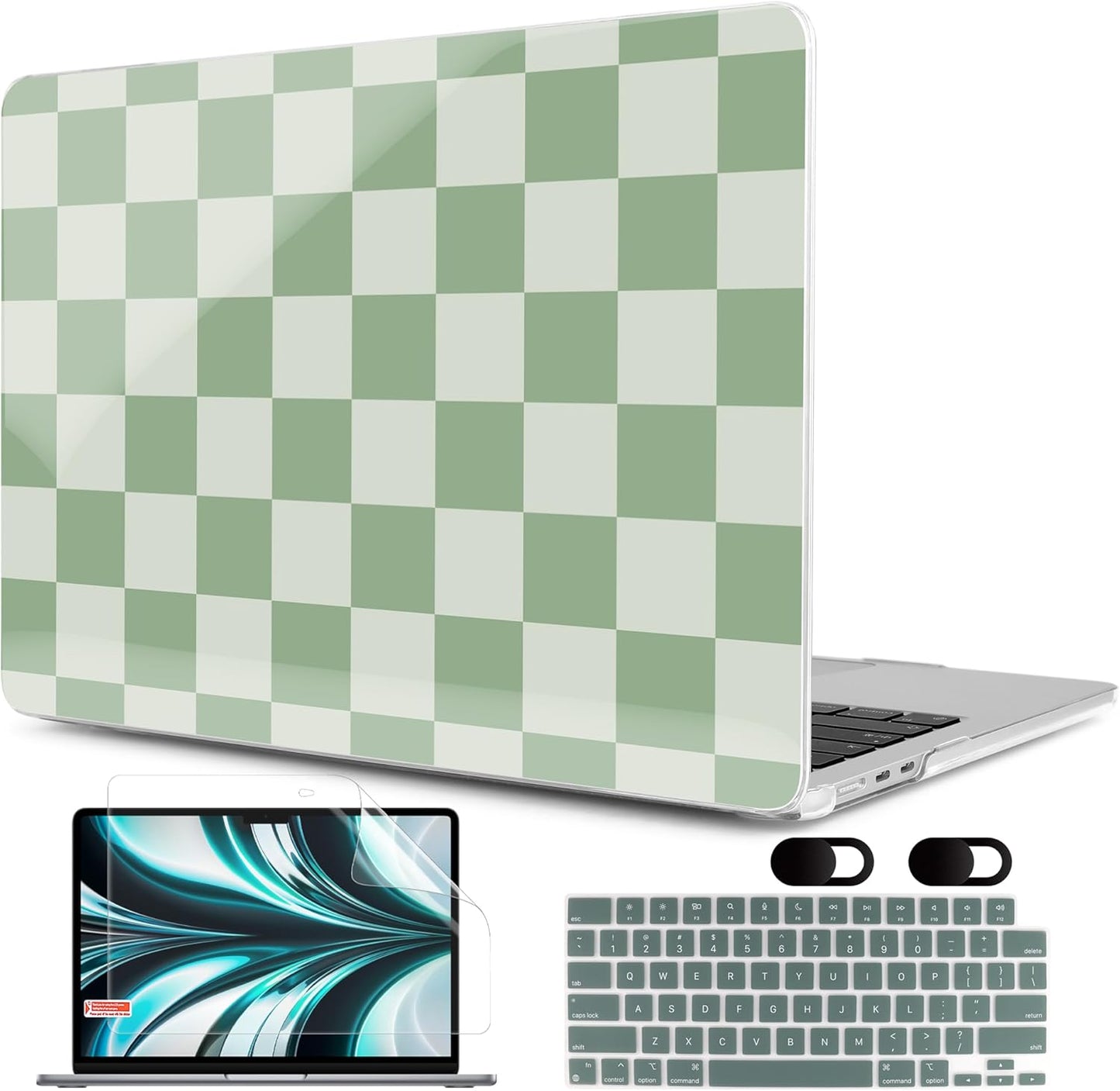 MEEgoodo Case for M4/M3/M2 MacBook Air 13.6 inch Case 2025 2024 2022, Fit Model A3240/A3113/A2681, Laptop Hard Shell with Keyboard Cover Compatible with MacBook Air 13 inch, Green Checkered