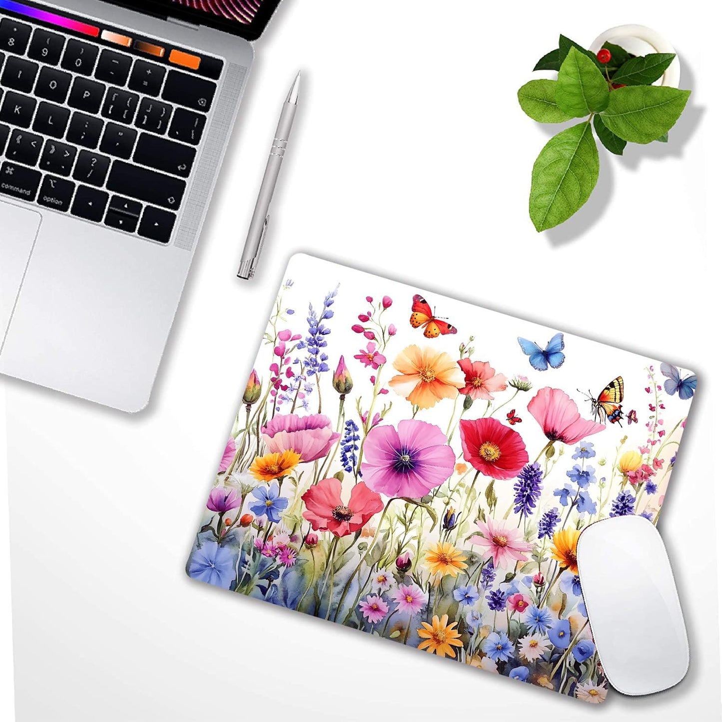 Colorful Wildflowers Floral Butterfly Custom Mouse Pad with Non-Slip Rubber, Small Square Design for Wireless Laptop & Computer Mouse Pads for Desk, 9.5 x 7.9 inch Smooth Surface for Gaming & Office