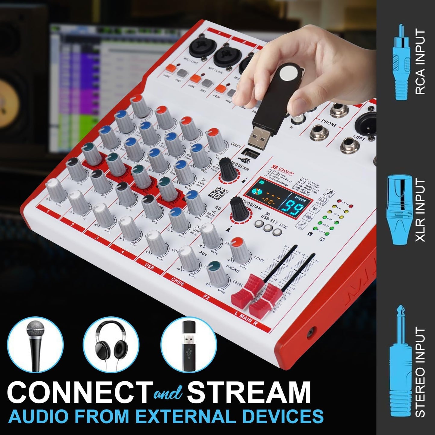 MW-6 6 Channel Professional DJ Audio Mixer, Portable Controller Mixer with DSP 99 Preset Effects for Live Streaming, Podcasting, Family Party (mw-6 white)