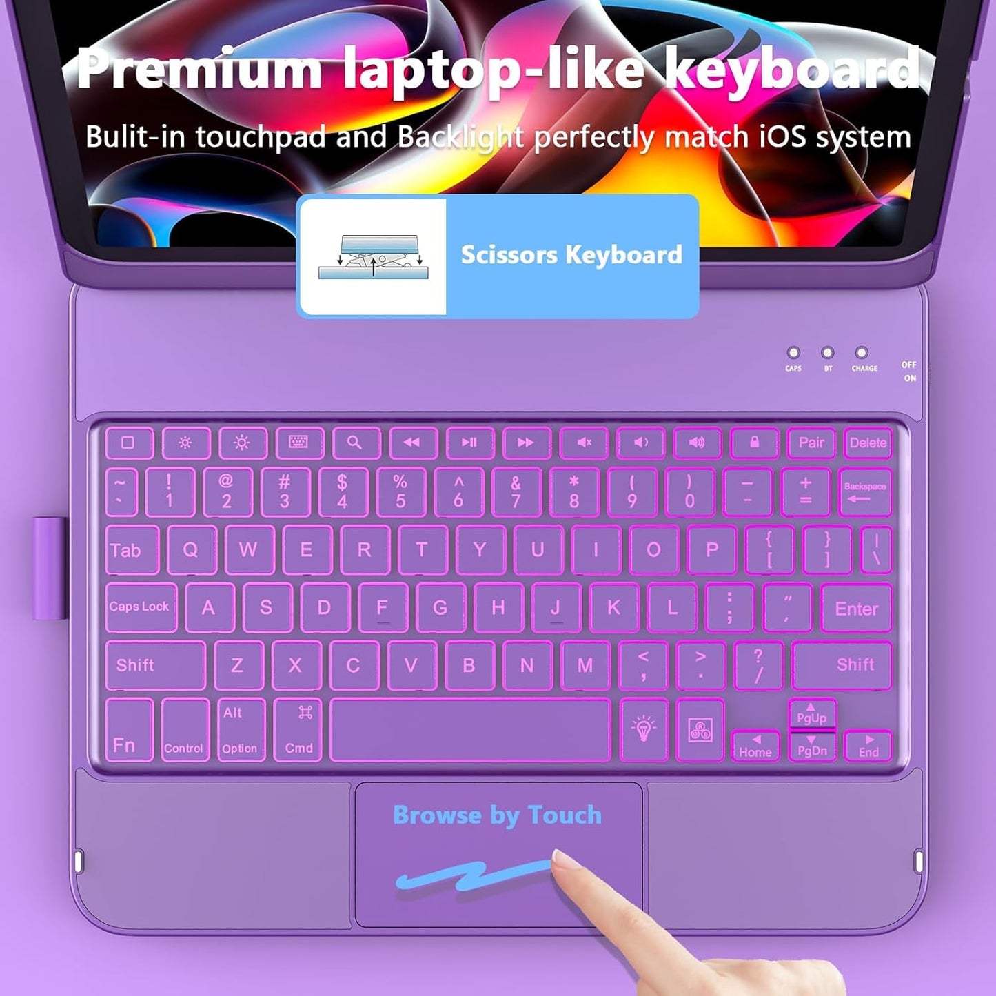 for iPad A16 11th Generation/10th Generation Case with Keyboard,Touch Keyboard for iPad 11" /10th Gen 10.9 inch 2022-10 Color Backlight, 360° Rotatable Protective Cover (Purple)